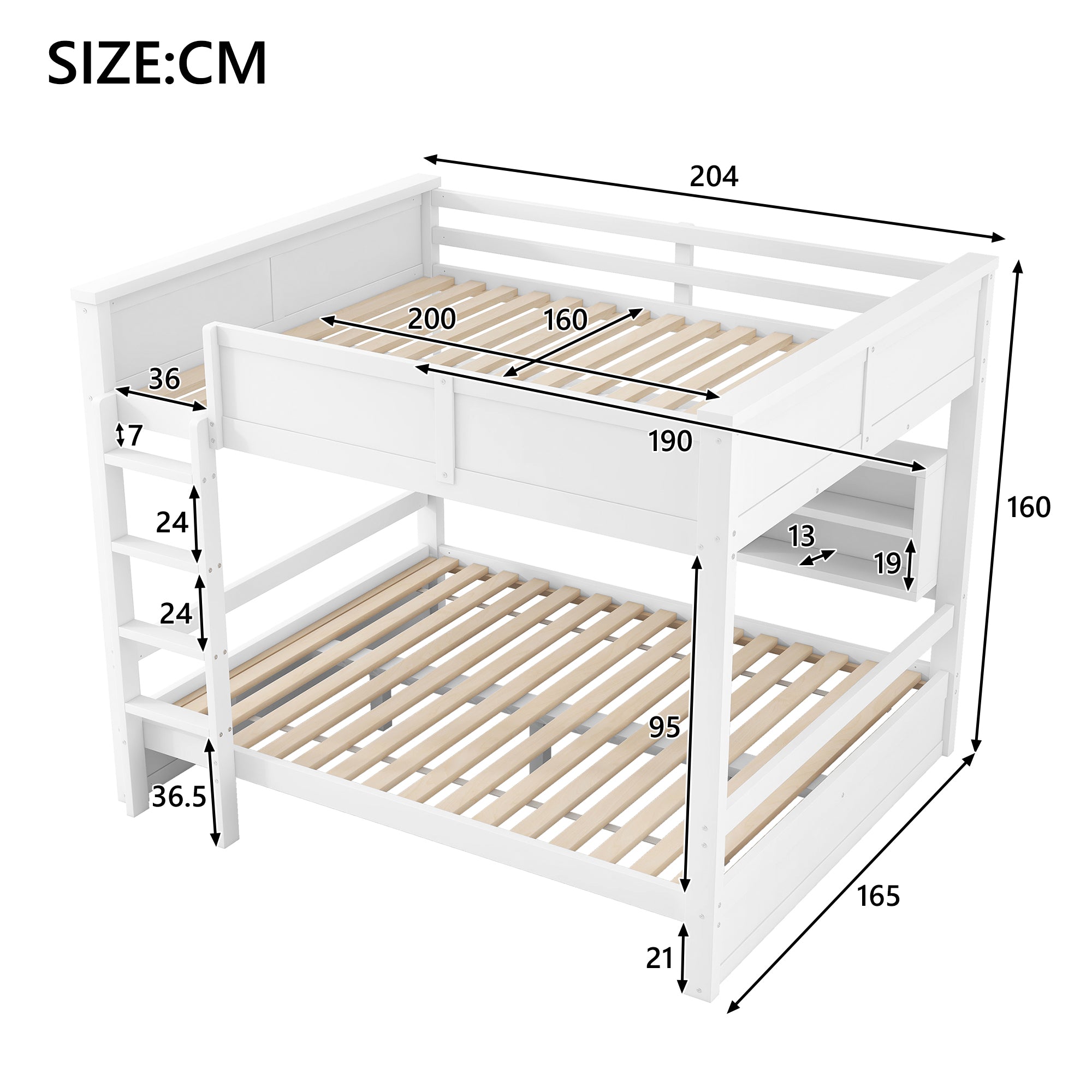 Bunk Bed 160x200 with Storage Cabinets and LED Light, White