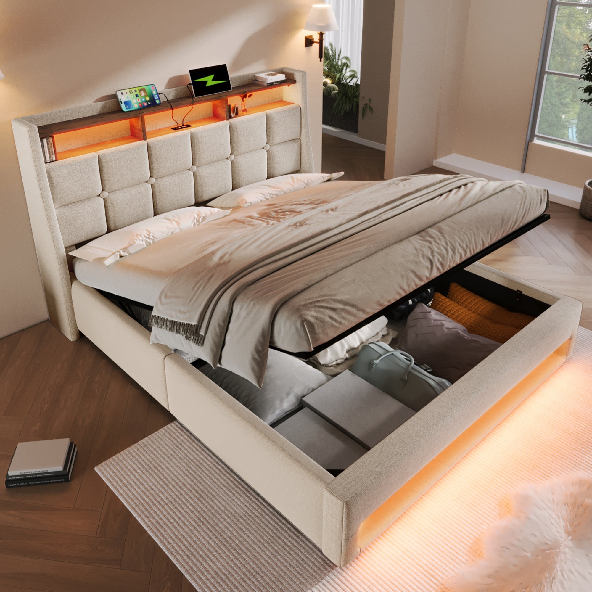 Upholstered Double Bed 4FT6 with LED Lighting, USB Type-C Charging, Storage Headboard, Beige Linen