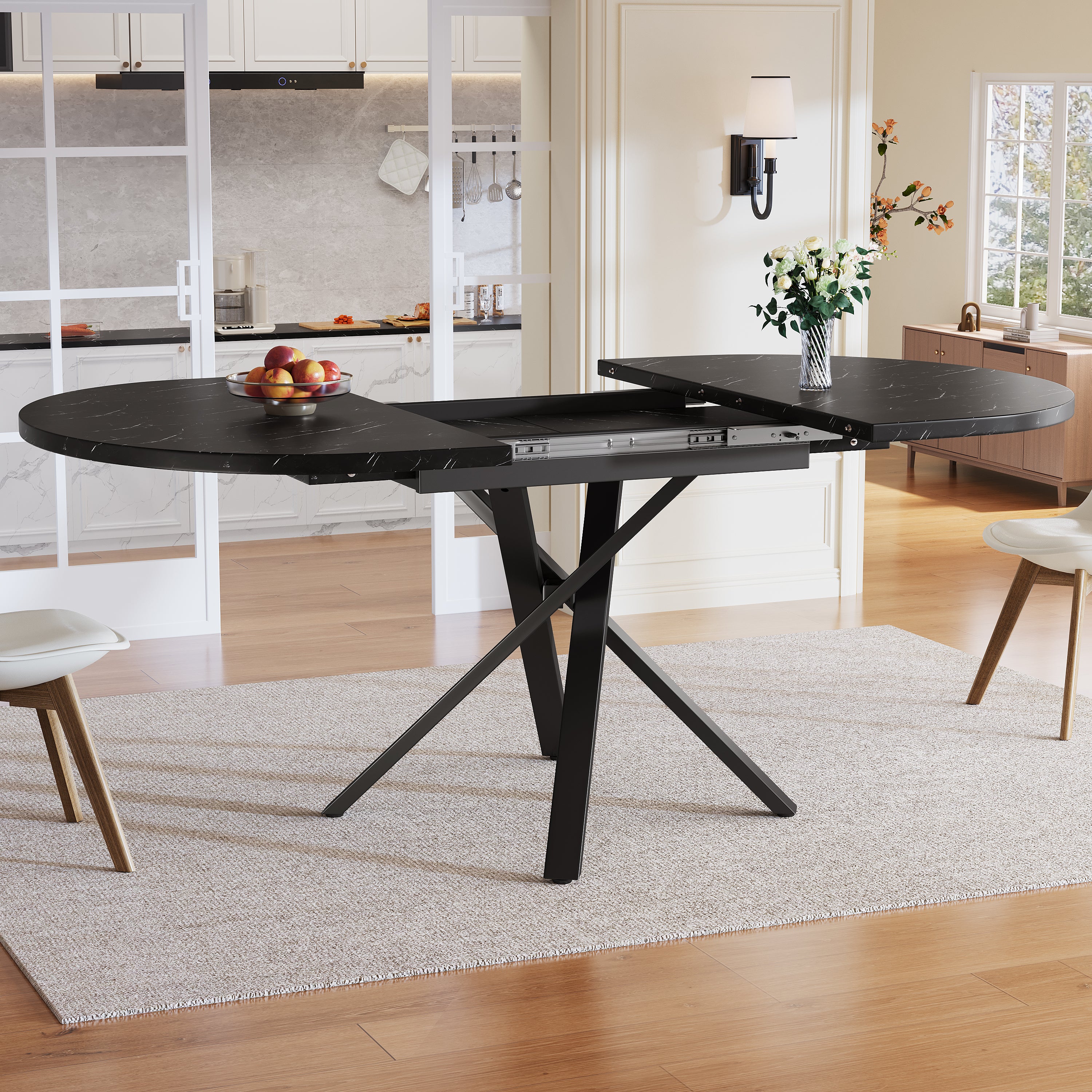 Round Extendable Dining Table, X-Metal Frame, Marble Look Black
