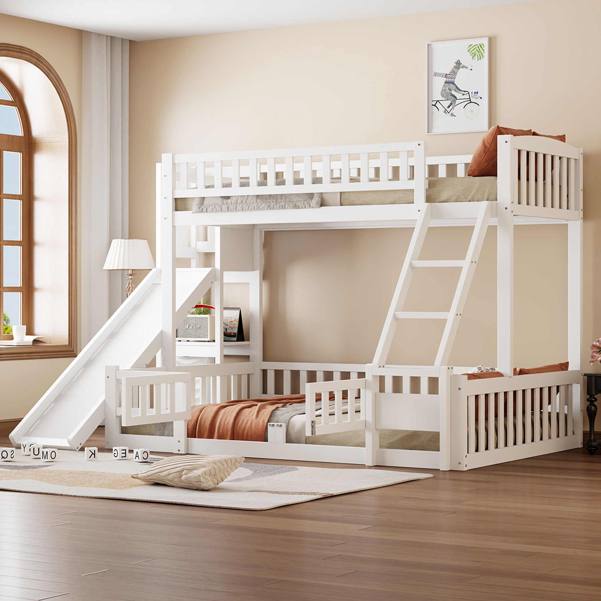 Bunk Bed 90x200 & 140x200, Slide, Pine Wood, White