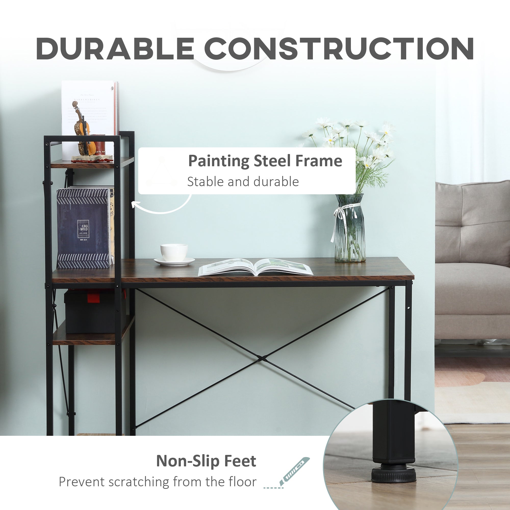 Study Desk Computer Table with 4-Tier Bookshelf and Metal Frame, Rustic Brown & Black