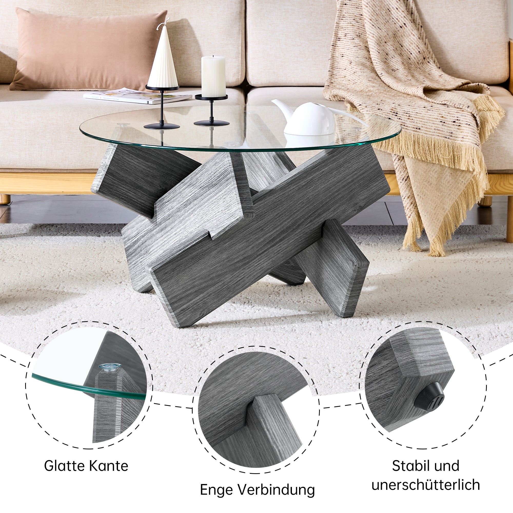 Round Coffee Table 79cm Tempered Glass Cross Legs - Gray MDF