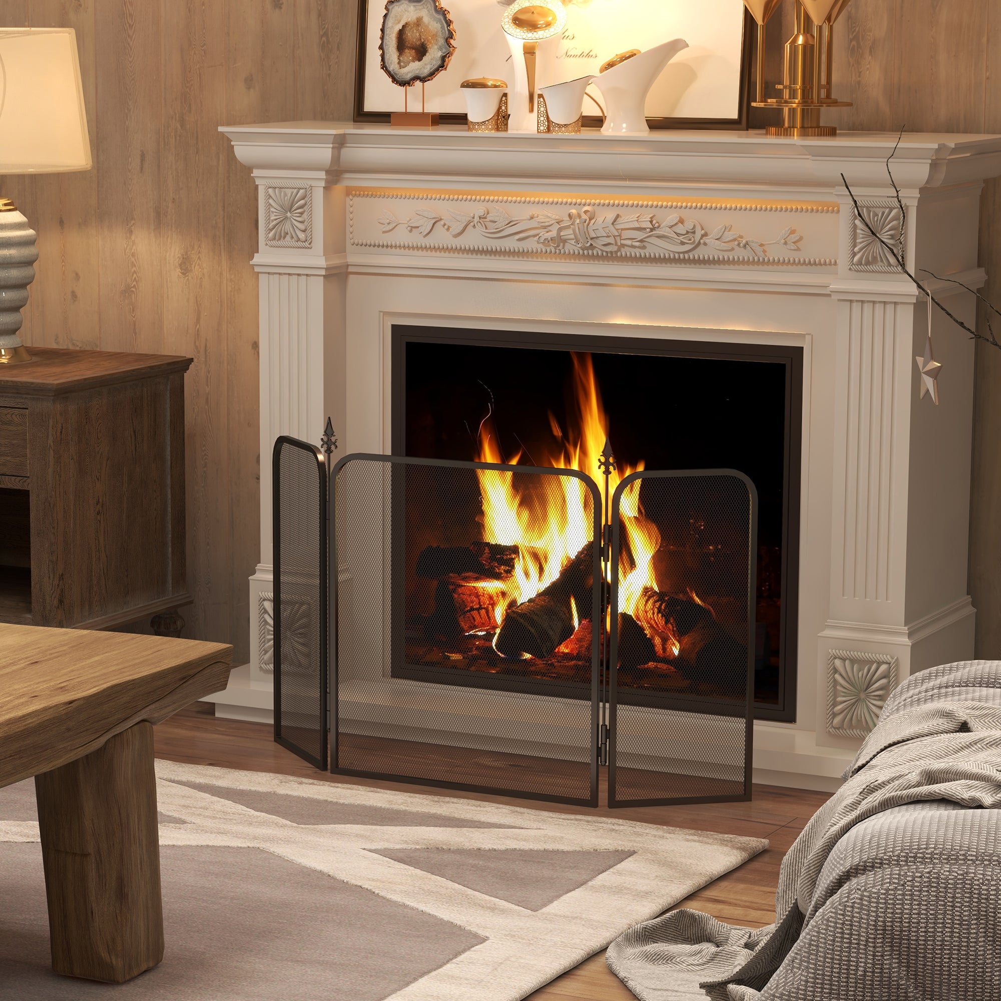 Fireplace Screen, Foldable 3 Panels Spark Guard, Metal Black