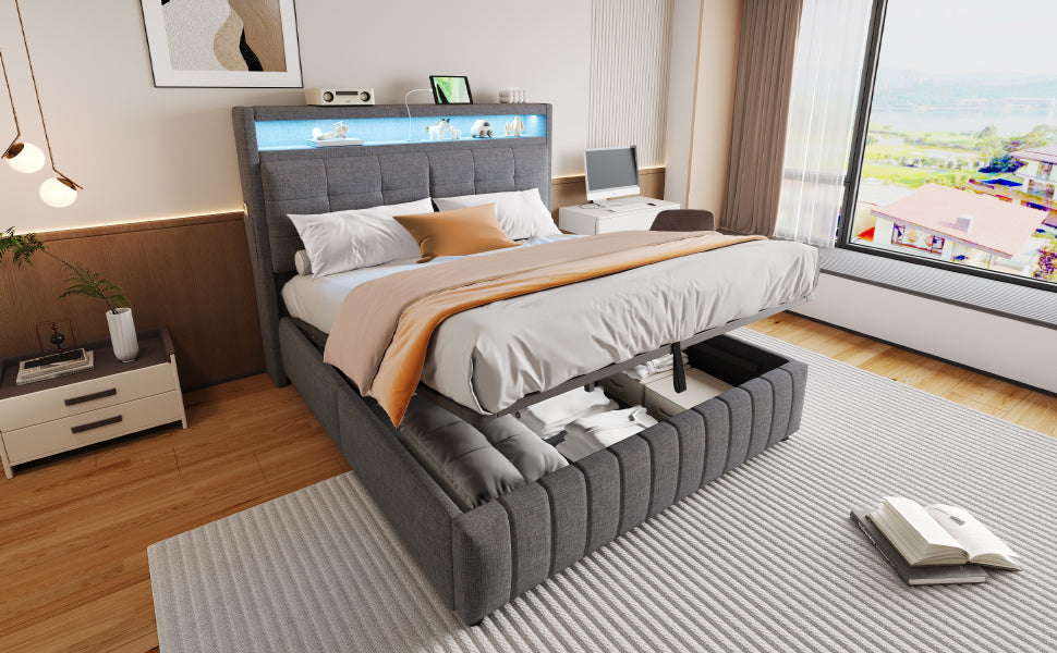 Upholstered Bed 160x200 cm, LED Lighting, USB Socket, Hydraulic Storage, Gray Linen