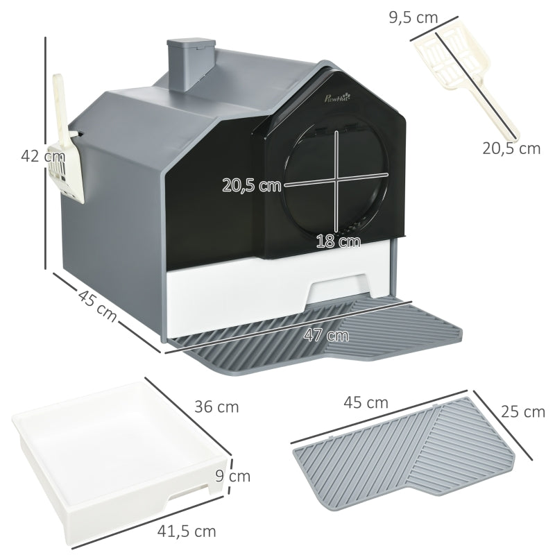 Cat Litter Box, Removable Tray with Sieve Mat & Scoop, Grey
