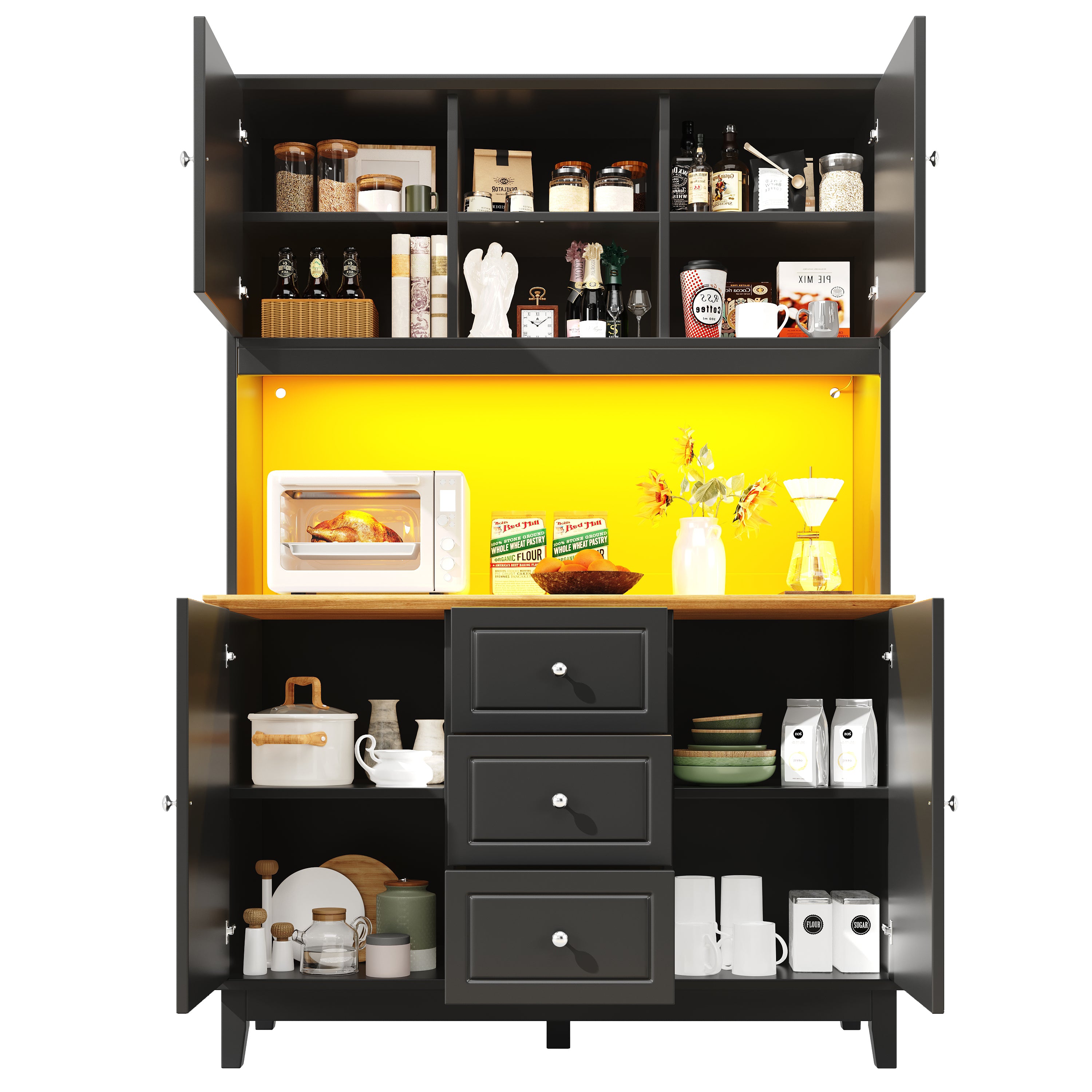 Tall Cabinet 120x40x180cm LED App Control 4 Doors 3 Drawers - Black