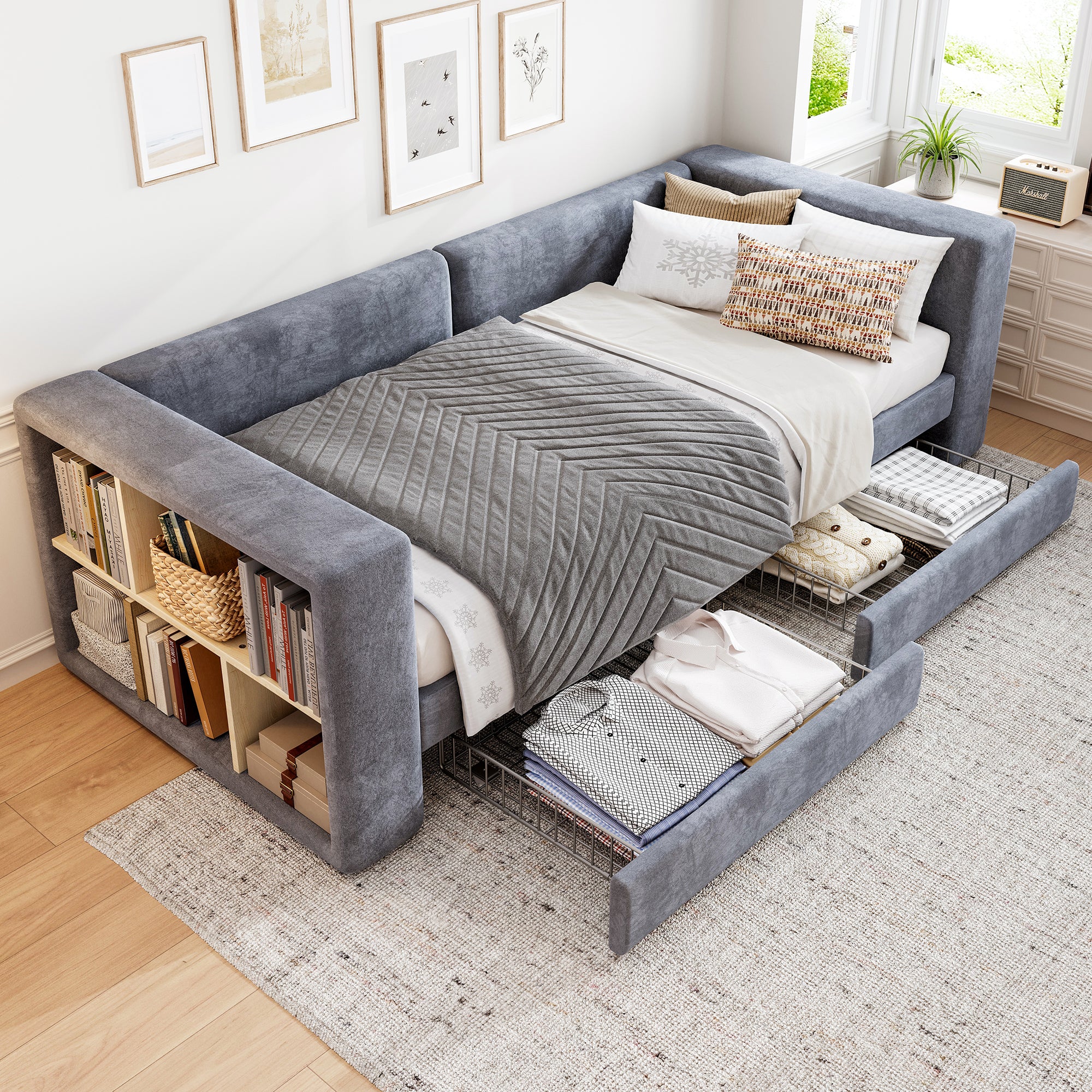Upholstered Bed, 3FT Single 90x190cm Daybed with Storage, Velvet Grey