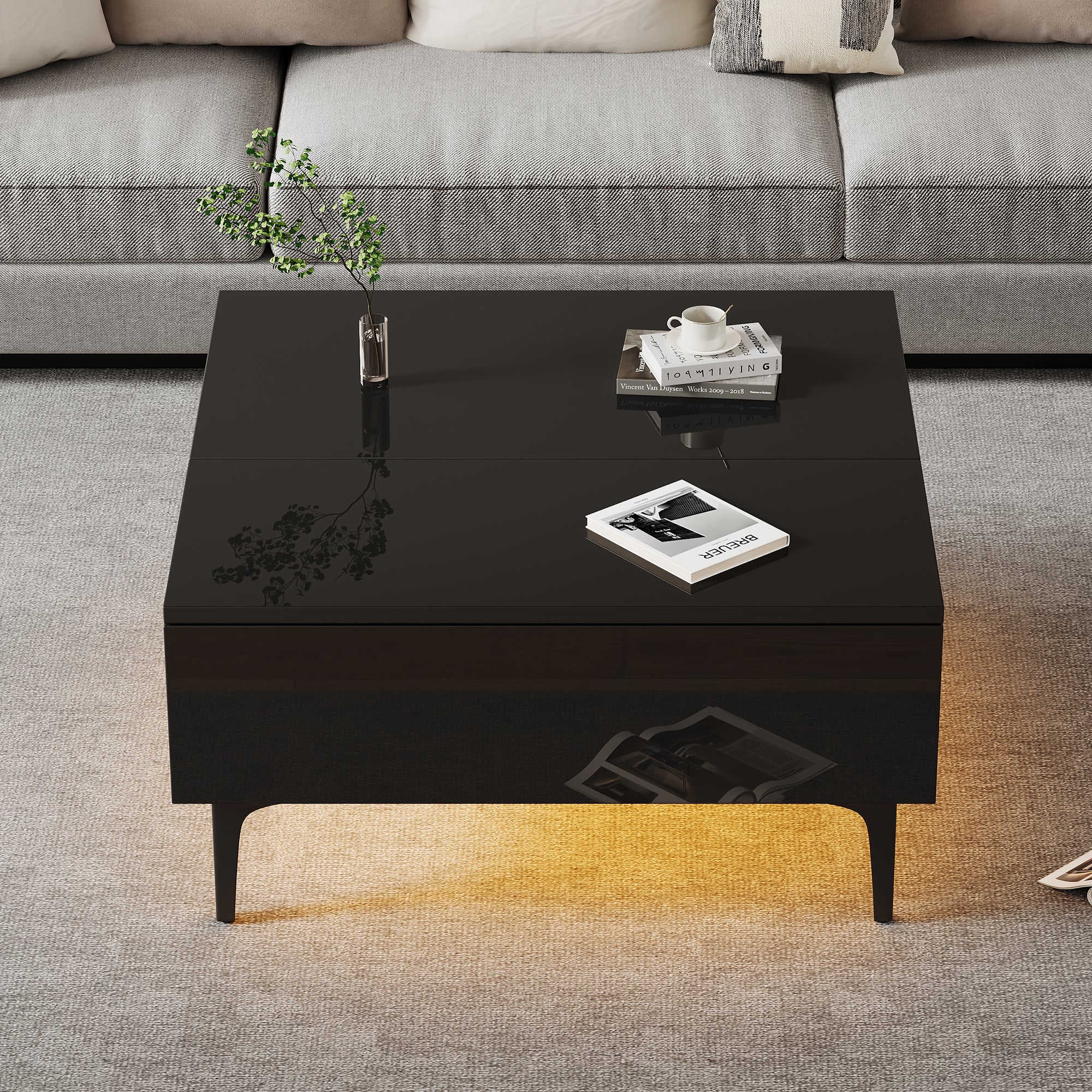 Coffee Table, 70x70x35cm Height-Adjustable with Hidden Storage & Shelves, Black High-Gloss