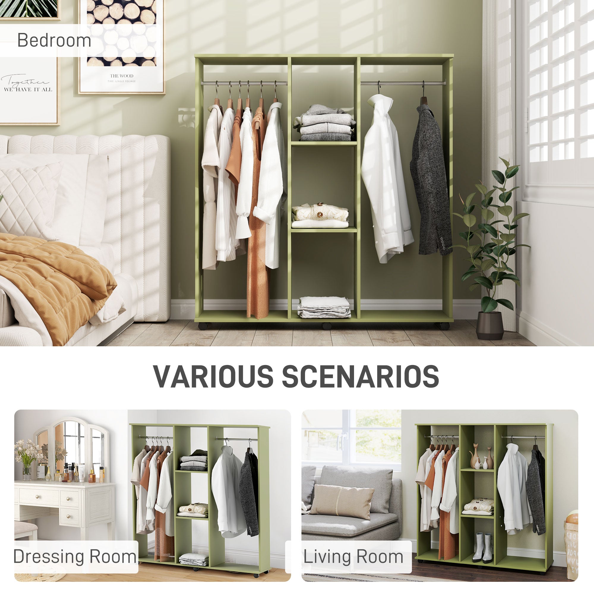 Open Wardrobe Double Storage Shelves Organizer W/6 Wheels Green