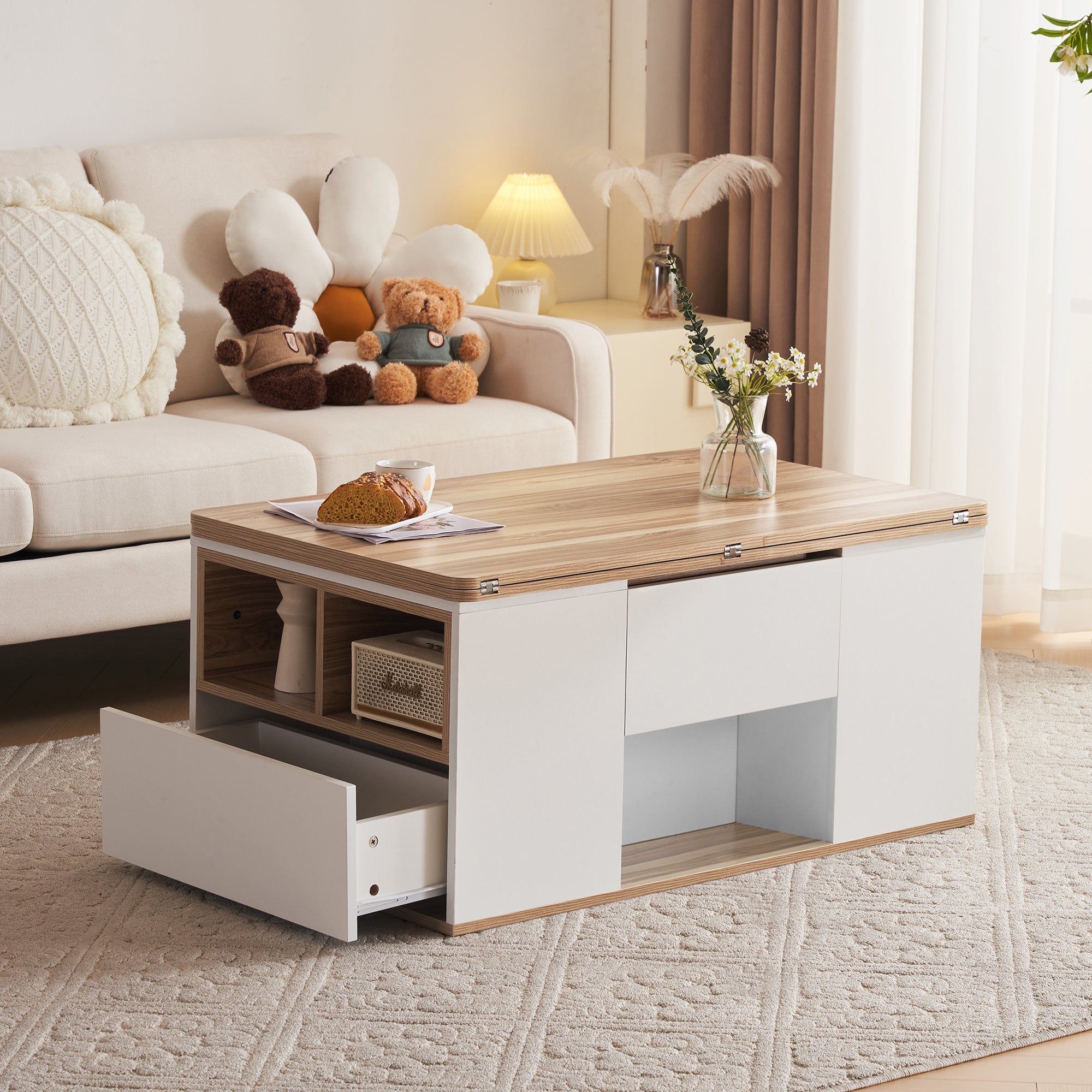 Coffee Table, Liftable Multifunctional with 2 Tables, White Wood