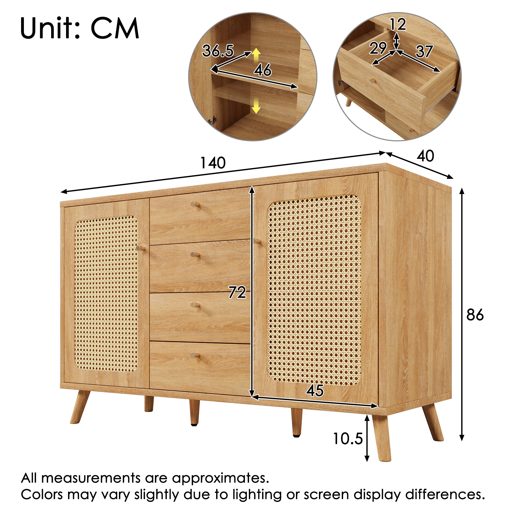 Sideboard Rattan Look Storage Cabinet 4 Drawers 2 Doors - Light Oak