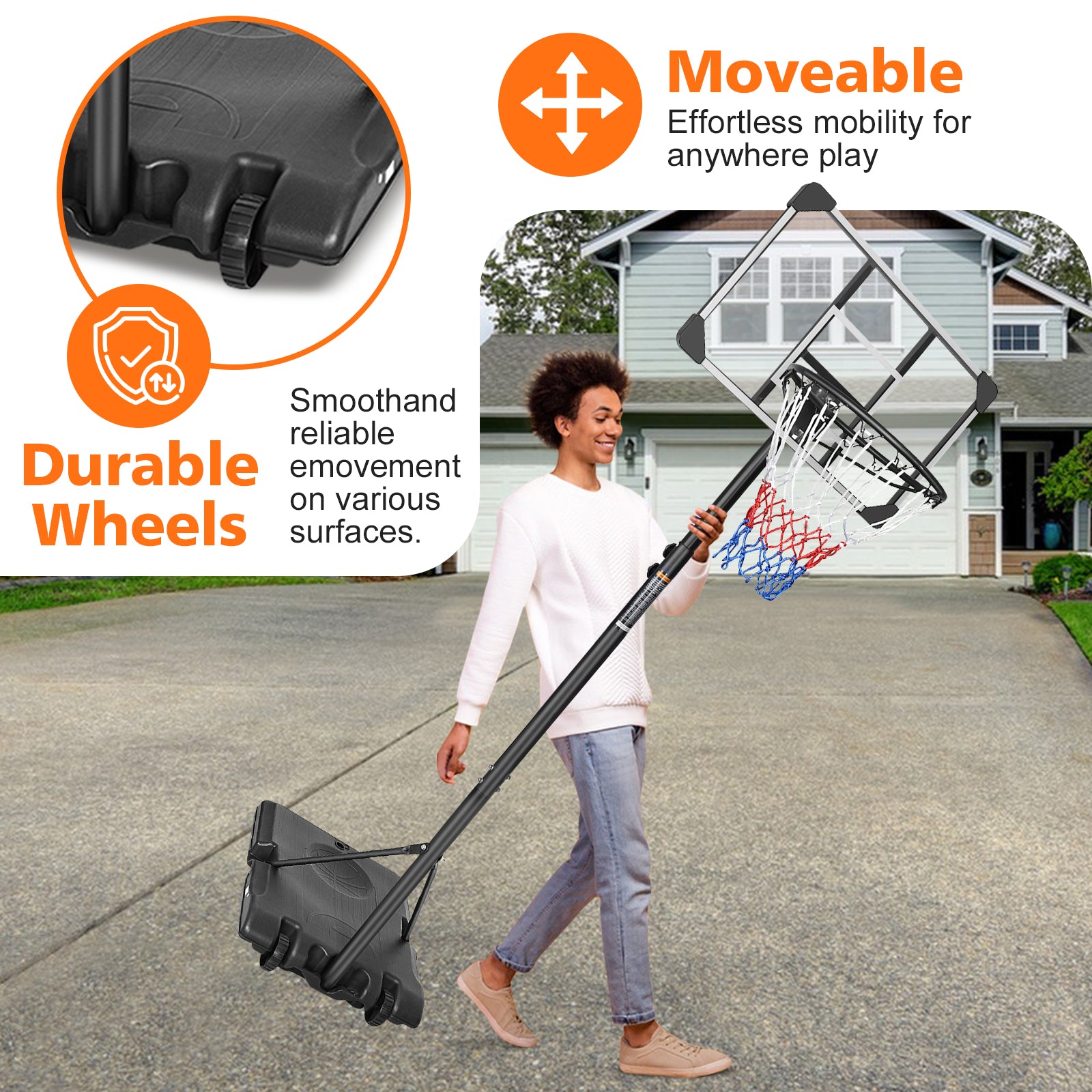 Portable Basketball Hoop 170-213cm Adjustable Height 71.1cm Shatterproof Backboard Wheels Outdoor/Indoor