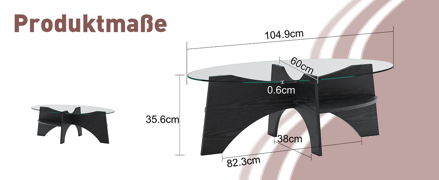 Modern Oval Side Table Multifunctional Safety Glass 105x60cm Black Wood Look