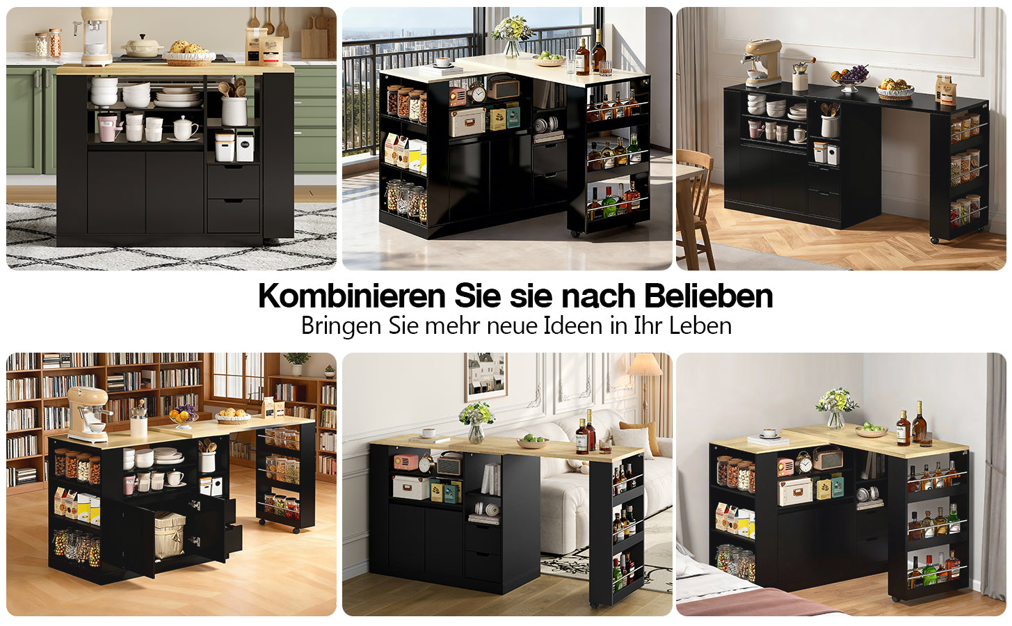 Kitchen Island with Extendable Worktop and Storage Drawers, Wood Look