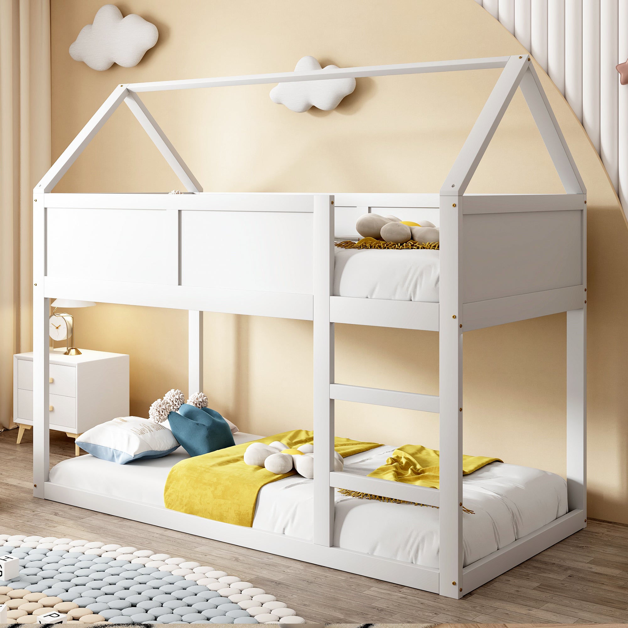 Bunk bed for children, 90x200cm Low Single Loft Bed with Stairs, White Solid Wood