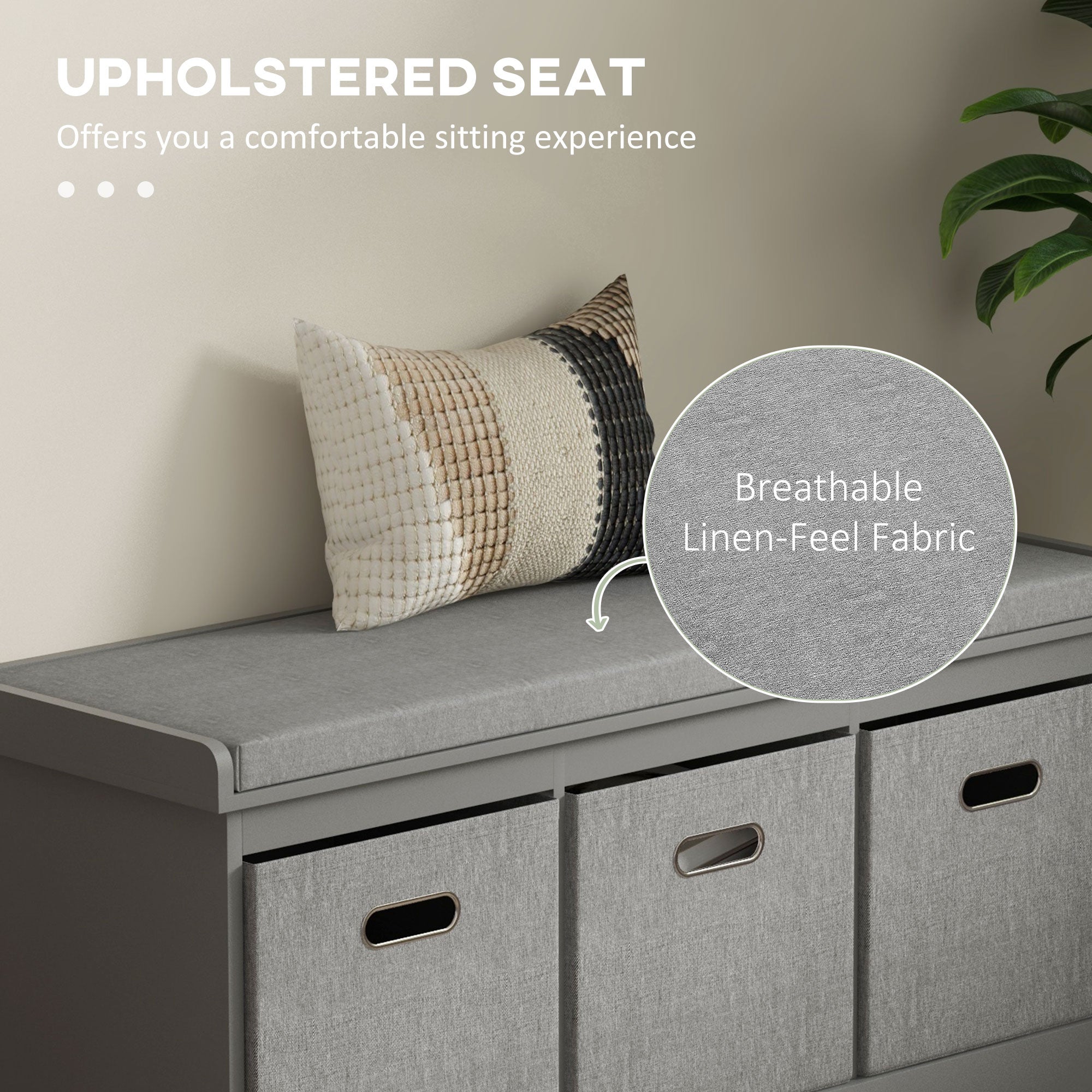 Shoe Storage Bench Three-Drawer Padded Top Grey