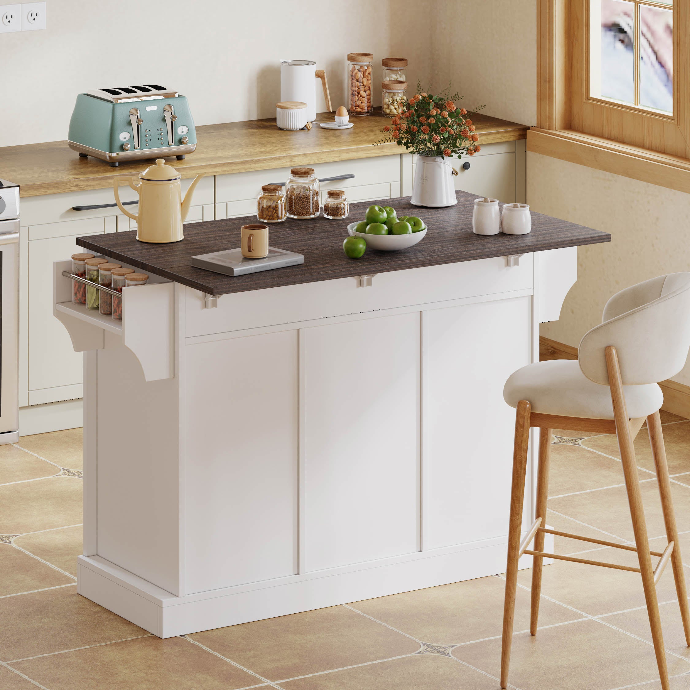Kitchen Island with Fold-Down Worktop and Sliding Doors, Barn Style, White
