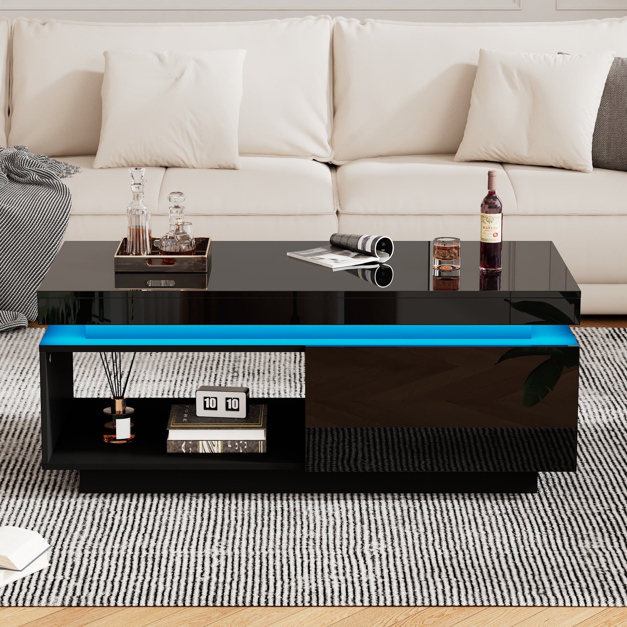 Coffee Table LED Lighting Drawer 100x50x40.3cm High-Gloss