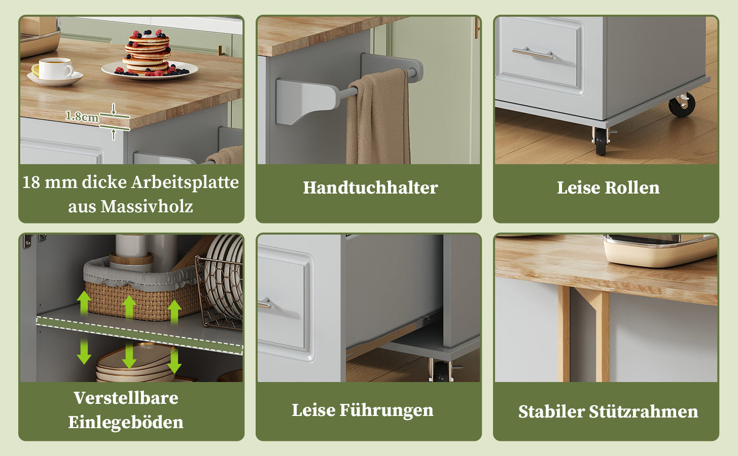 Mobile Kitchen Table with Foldable Design and 3 Drawers, Oak Worktop