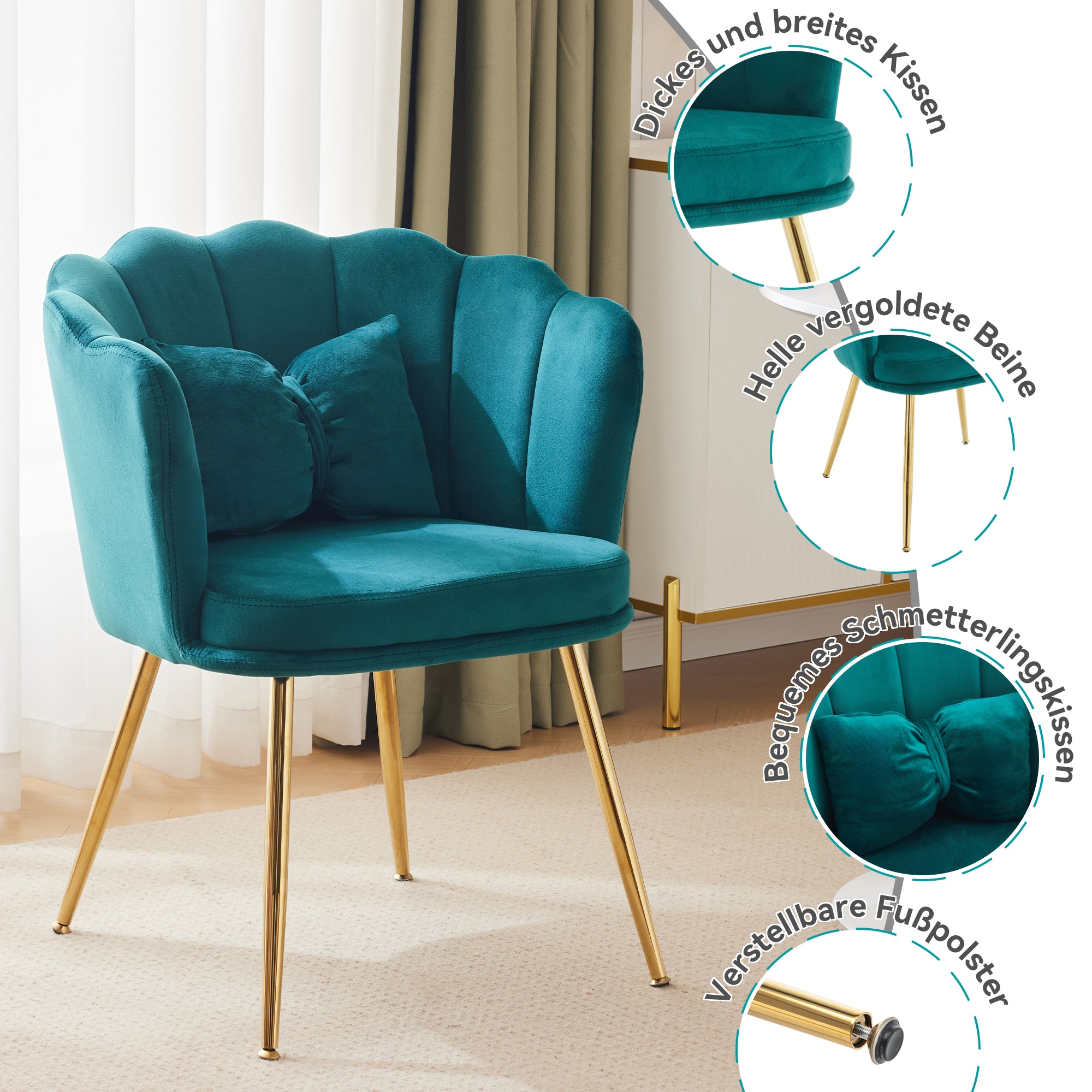 Velvet Chairs, Set of 2 Modern Upholstered with Petal Back & Butterfly Cushion, Gold Metal Legs