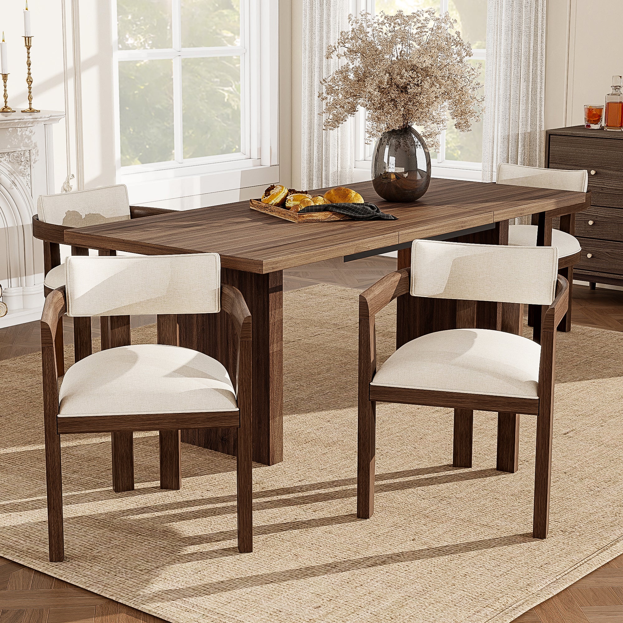 Solid Wood Dining Chairs Set of 6, Modern and Breathable Linen, Walnut Wood Color