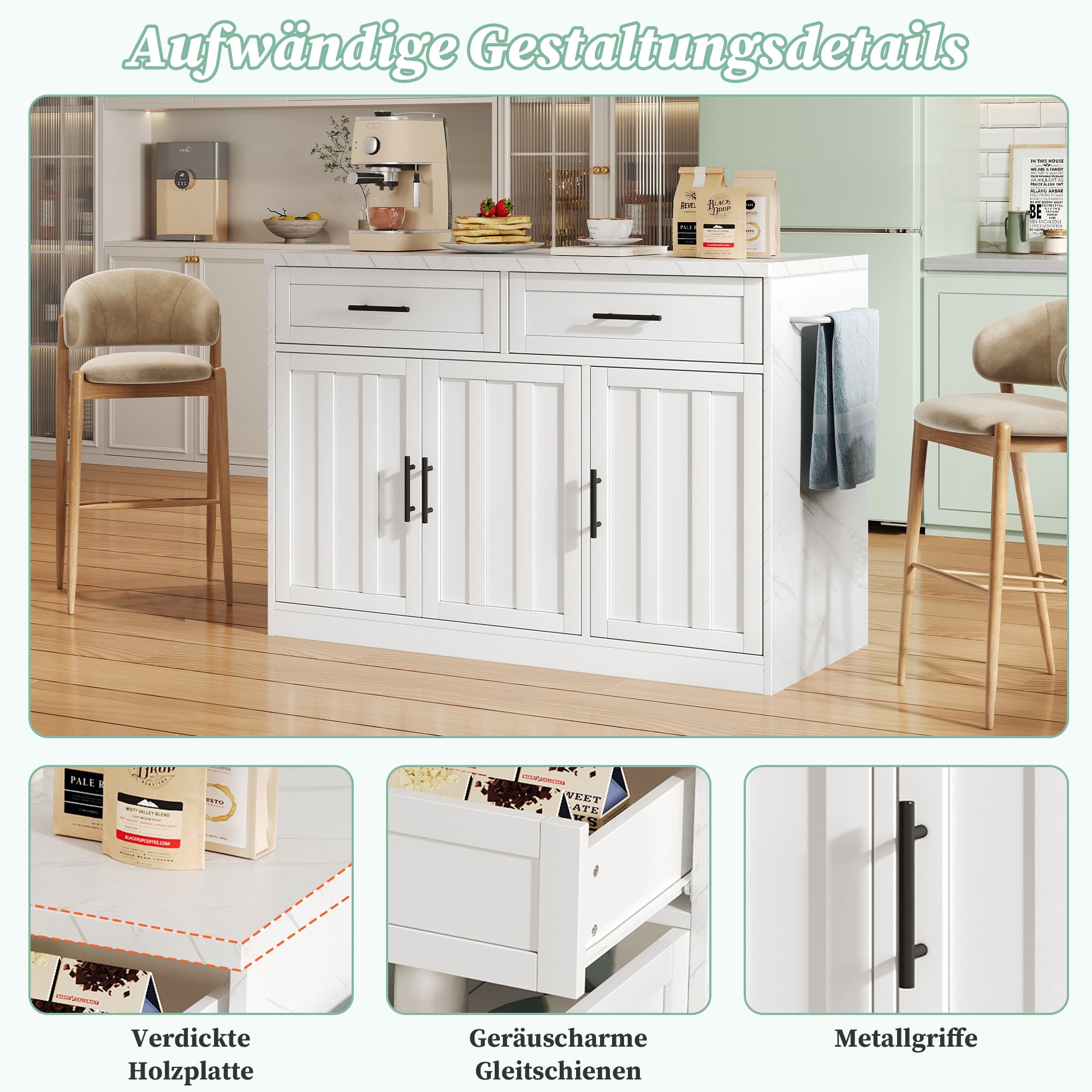 Kitchen Island with Power Outlets USB Adjustable Shelves, White