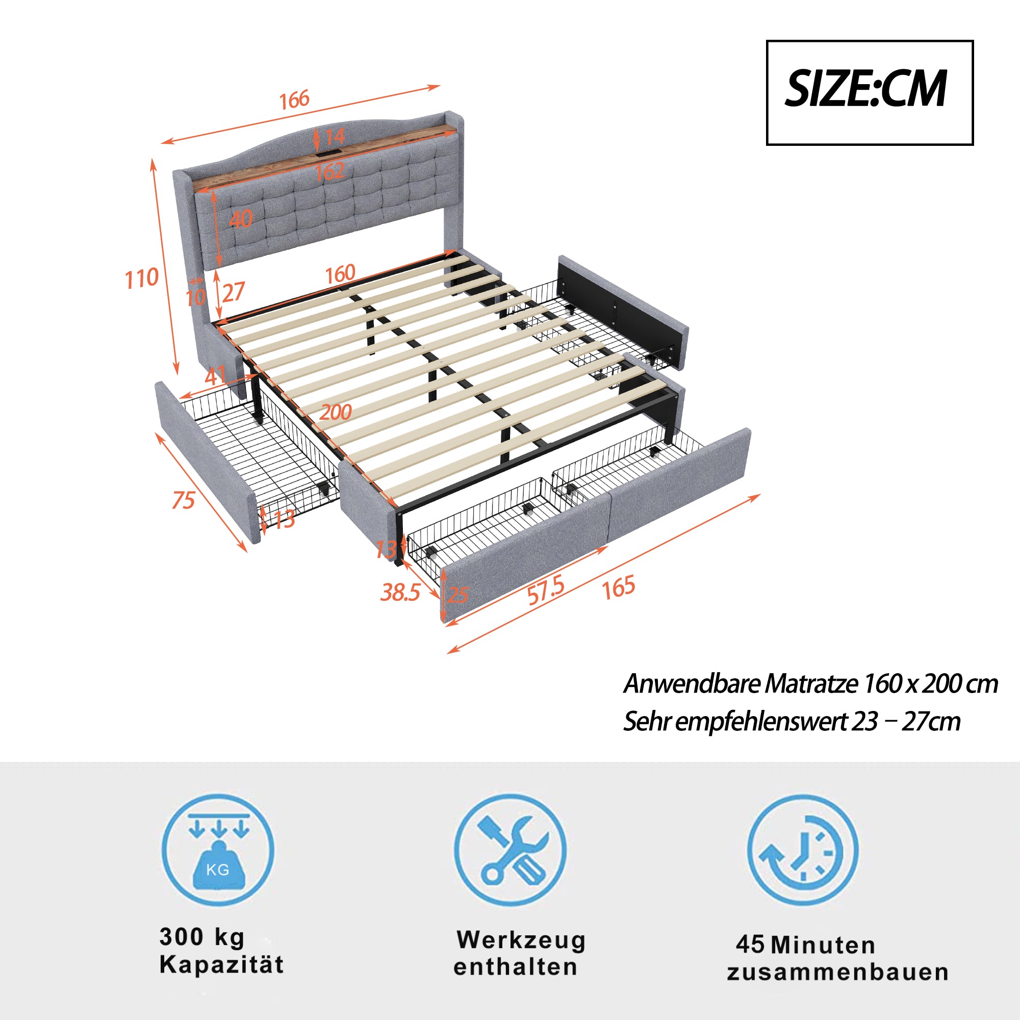 Upholstered Bed 160x200cm, USB Charging, 4-Drawer, Linen Fabric Gray