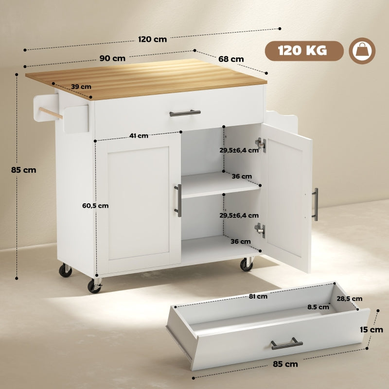 Kitchen Island Mobile Folding Worktop Drawer Shelf - White