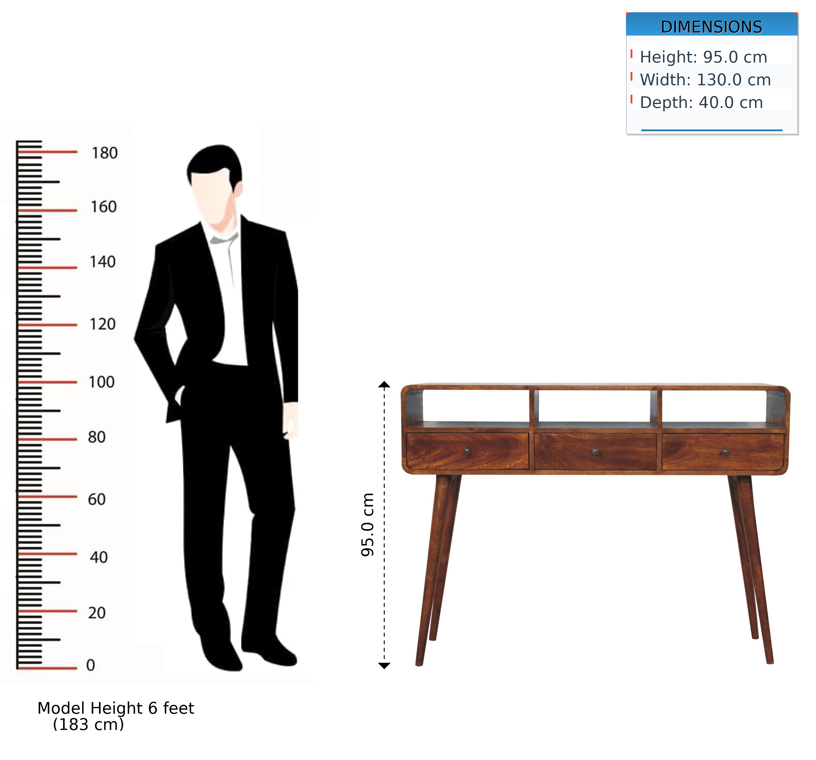 Triple Curved Console Table, Chestnut Wood