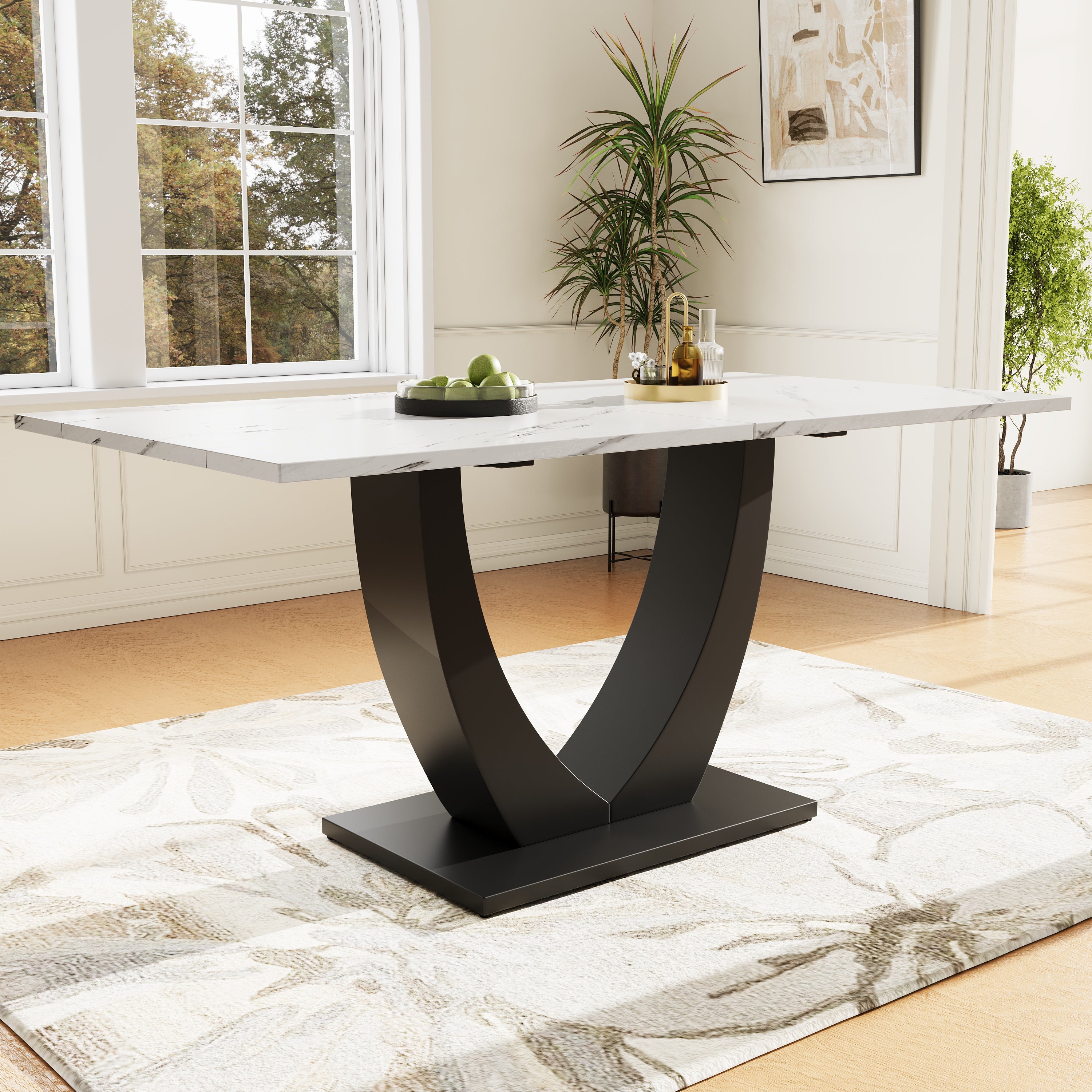Dining Table 140x75.5cm Rectangular Marble Pattern Metal Frame Adjustable Legs - White/Black