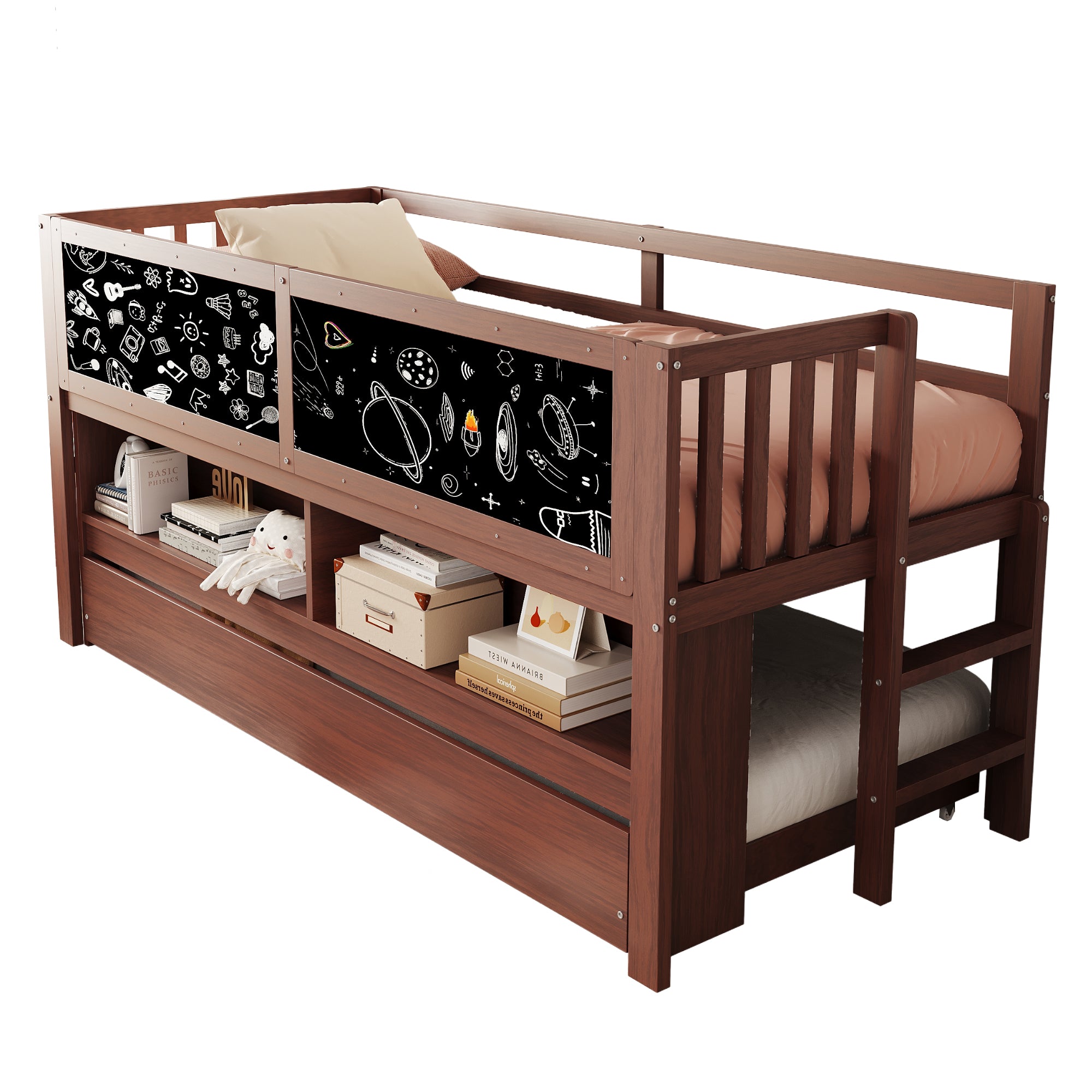 Children's House Bunk Bed Extendable, Chalkboard & Climbing Ladder, Solid Wood, Brown