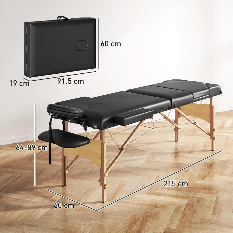 Foldable Massage Table, Beech Wood Legs - Black