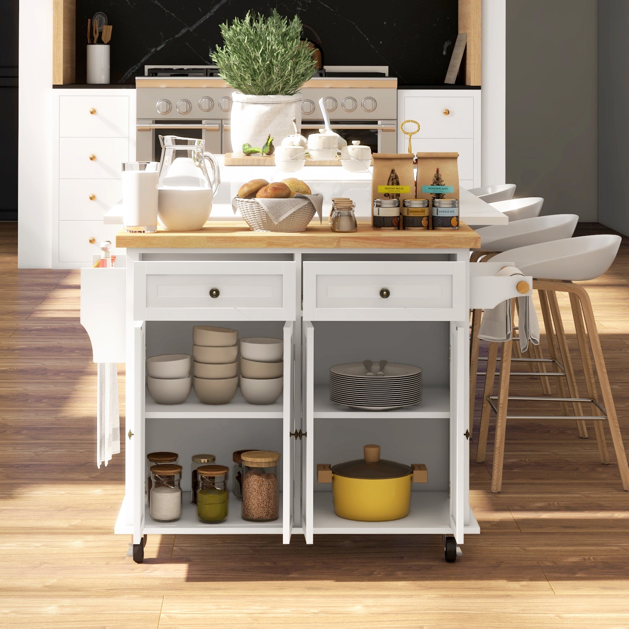 Rolling Kitchen Island Storage Trolley, Rubber Wood Top & Drawers, Cream White
