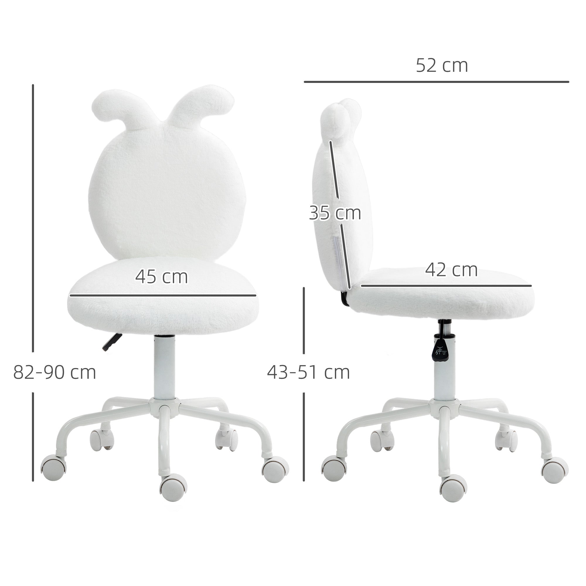 Office Chair with Rabbit Ears, Height-Adjustable Swivel, White Velvet