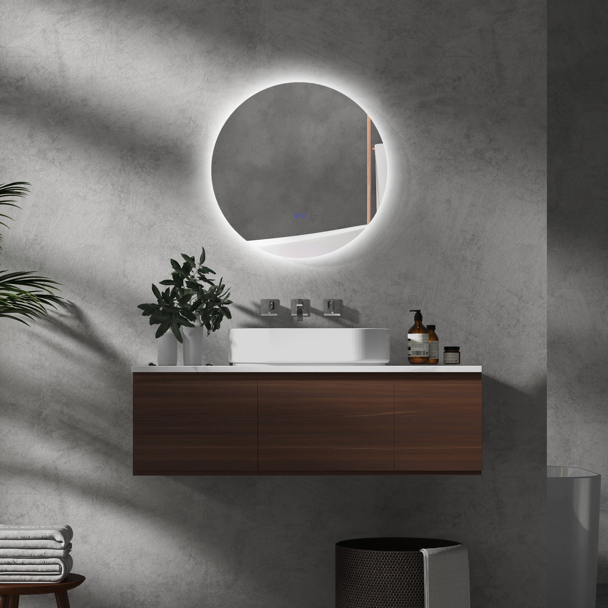 Bathroom Mirror Wall Mounted Ø60 cm, 3 Light Colors, Touch Switch, Anti-Fog, IP44
