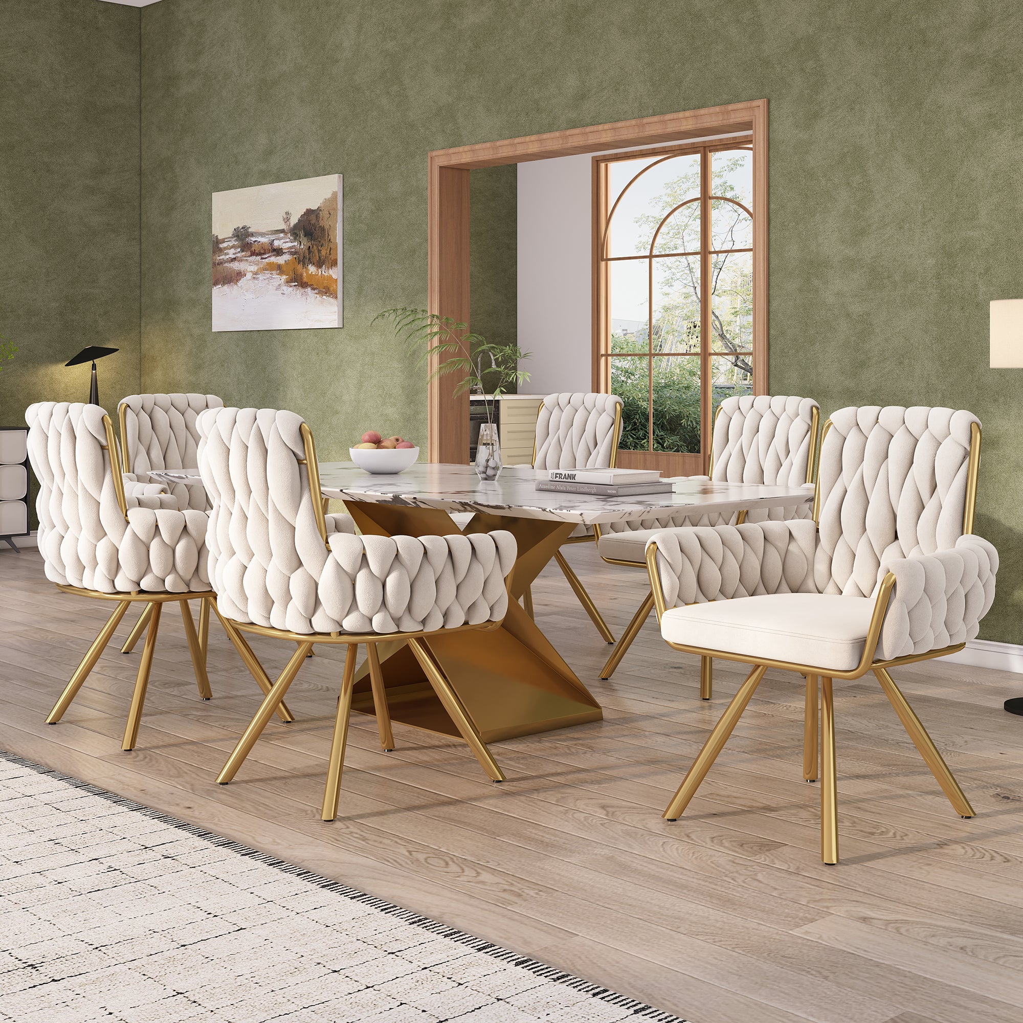Velvet Dining Chair Set of 4, Luxury Swivel Armchair with Metal Legs, Beige Velvet