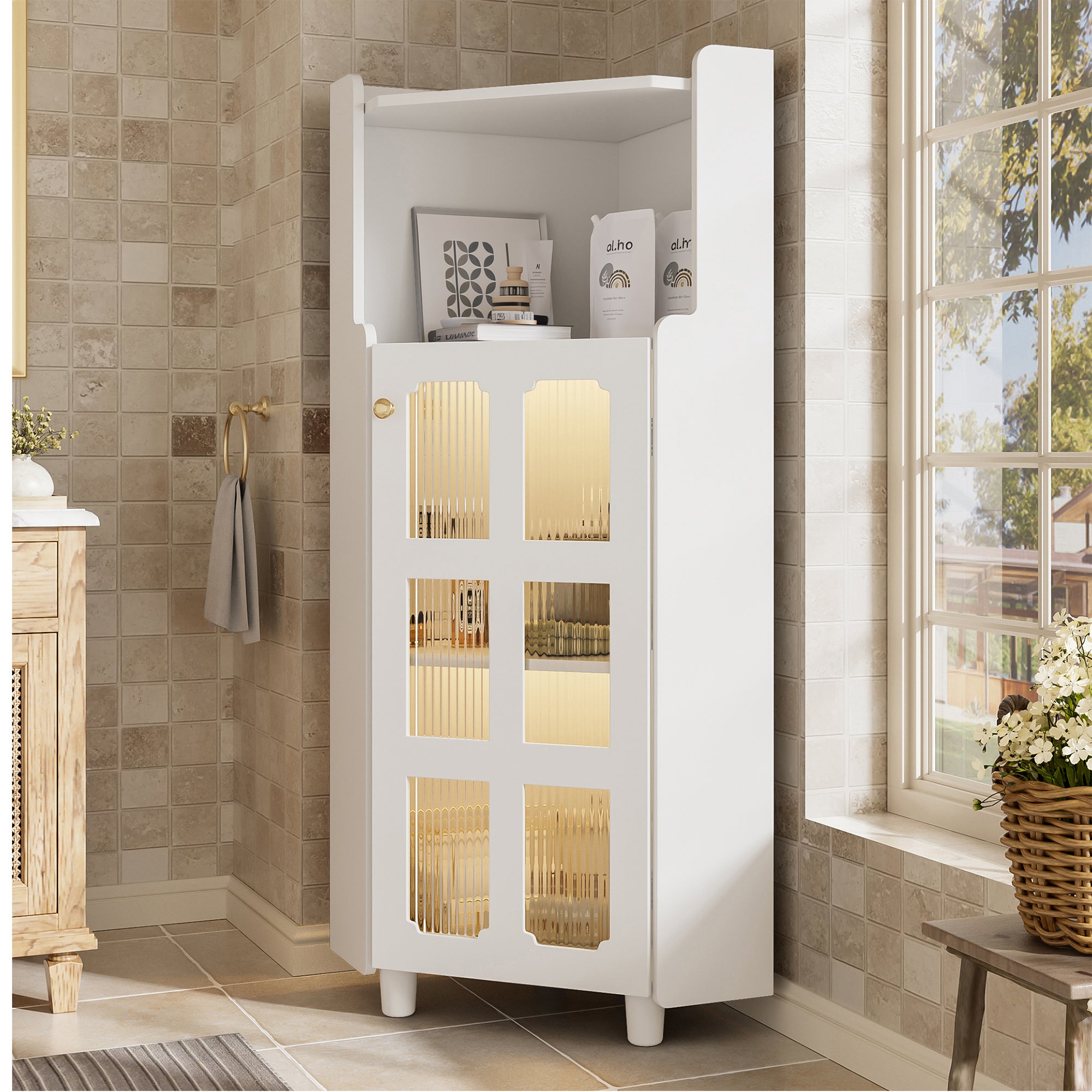 Corner Cabinet LED Lighting App Control Lacquered 63.5x124cm - White