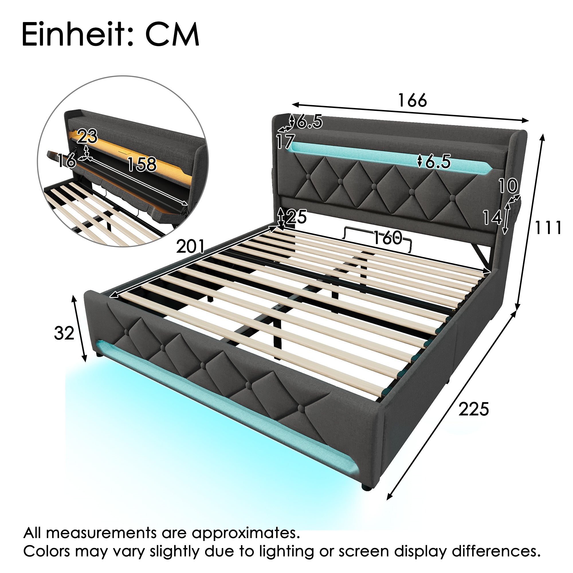 Upholstered Double Bed 160*200, Storage Headboard with USB & Type-C, Hydraulic Storage, Gray Linen