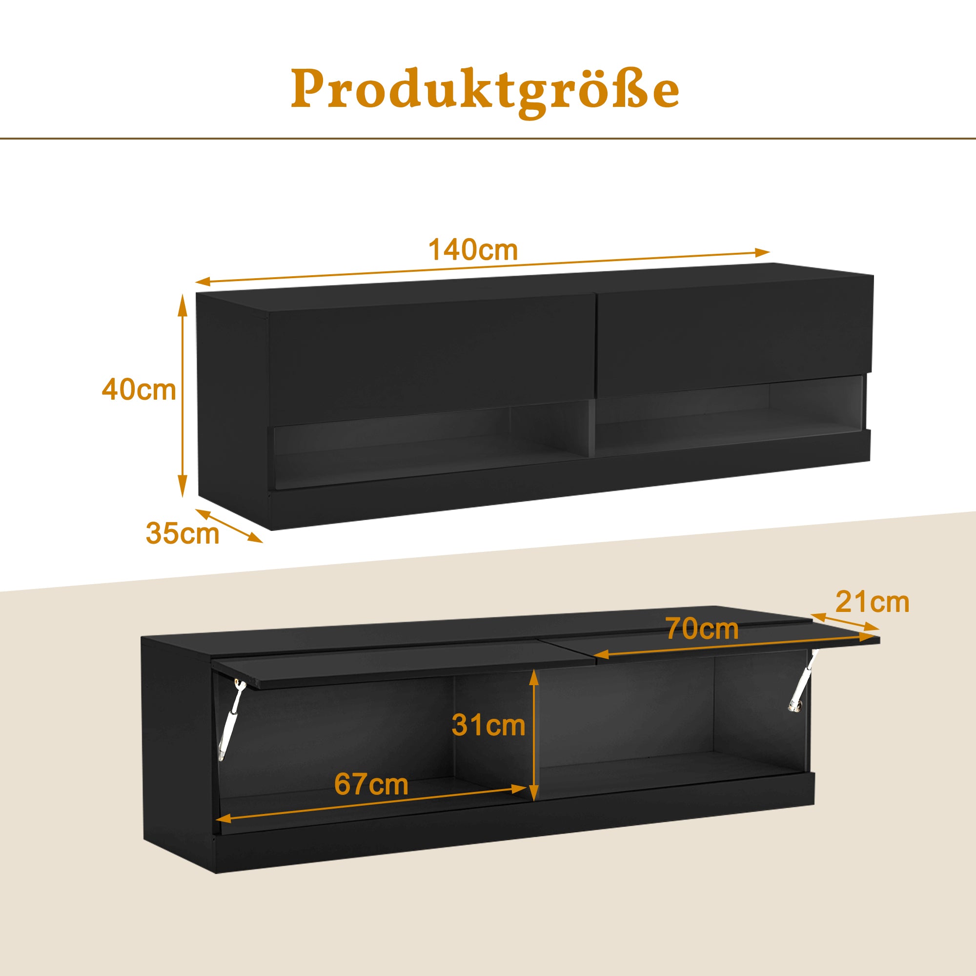 TV Cabinet with Lighting, 7 Colors, Hanging Lowboard, 140x35x40cm, Black
