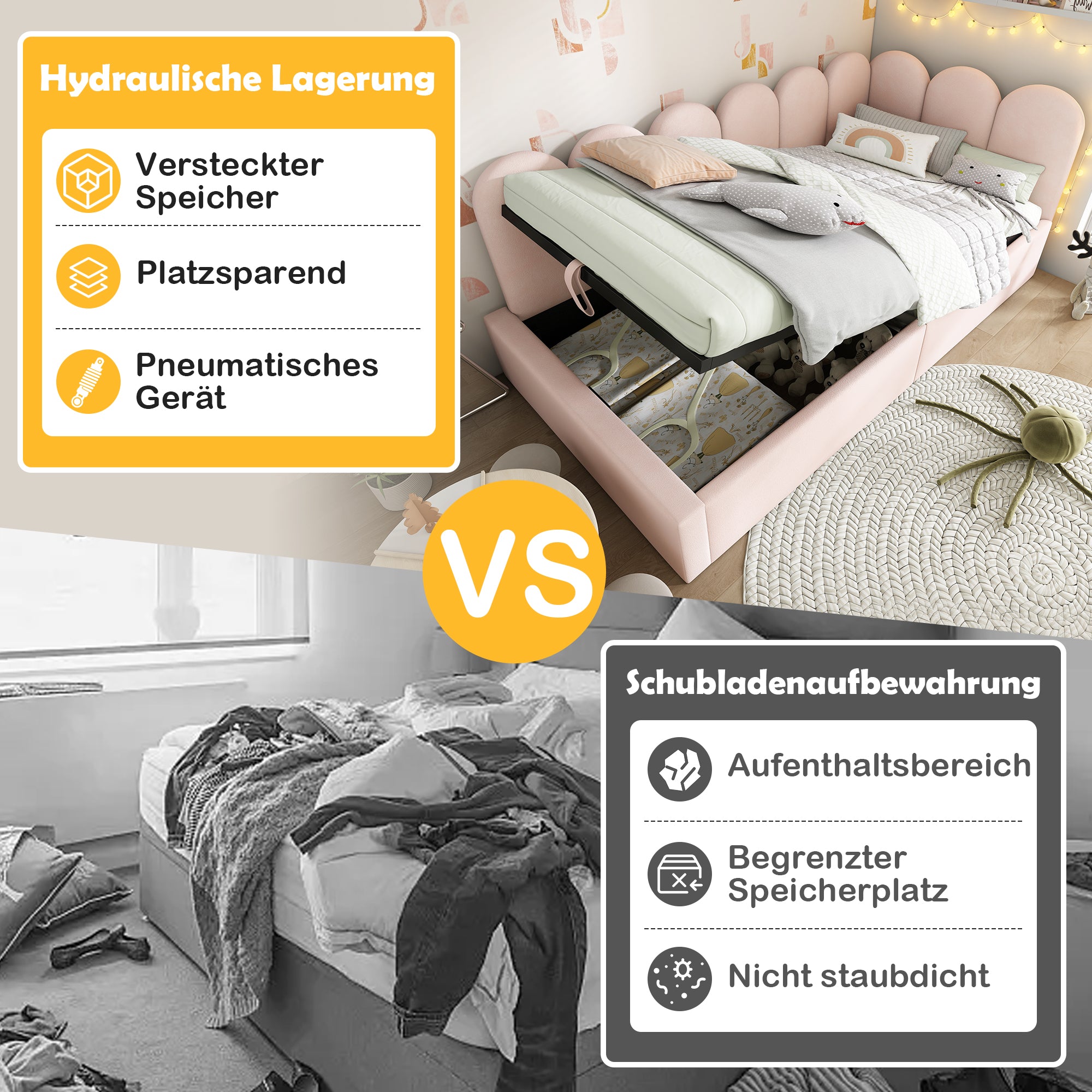 Upholstered Daybed, 90x200cm Sofa Bed with Hydraulic Storage, Velvet Pink