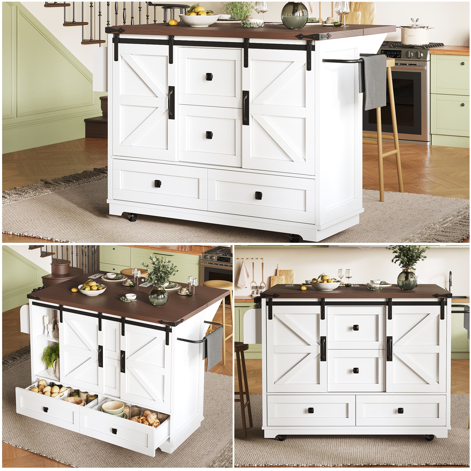 Kitchen Trolley Cart with Folding Table 3 Drawers & 2 Cabinet Doors
