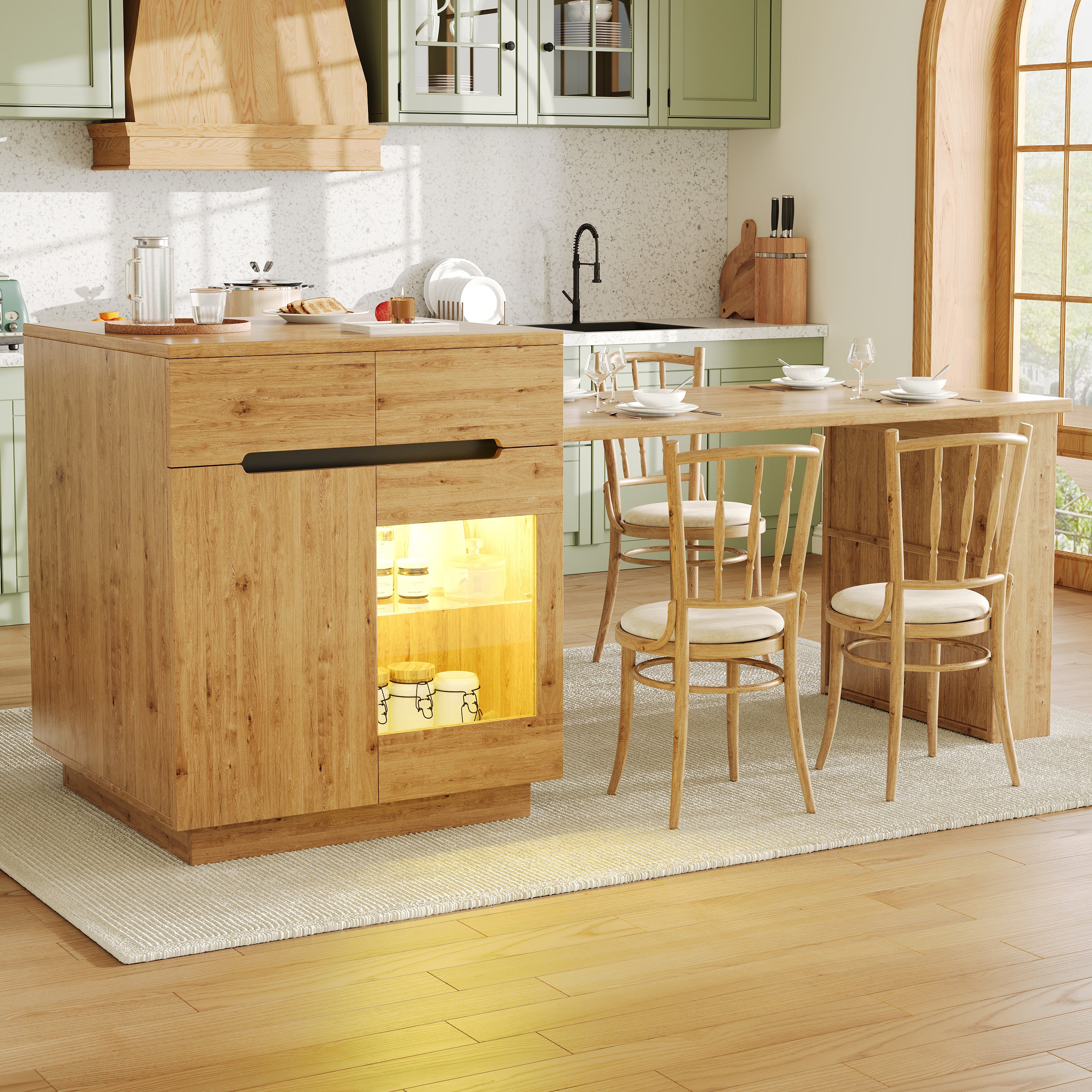 Kitchen Island with Extendable Table, Multifunctional Cabinet with LED Lighting and Drawers, Oak Look