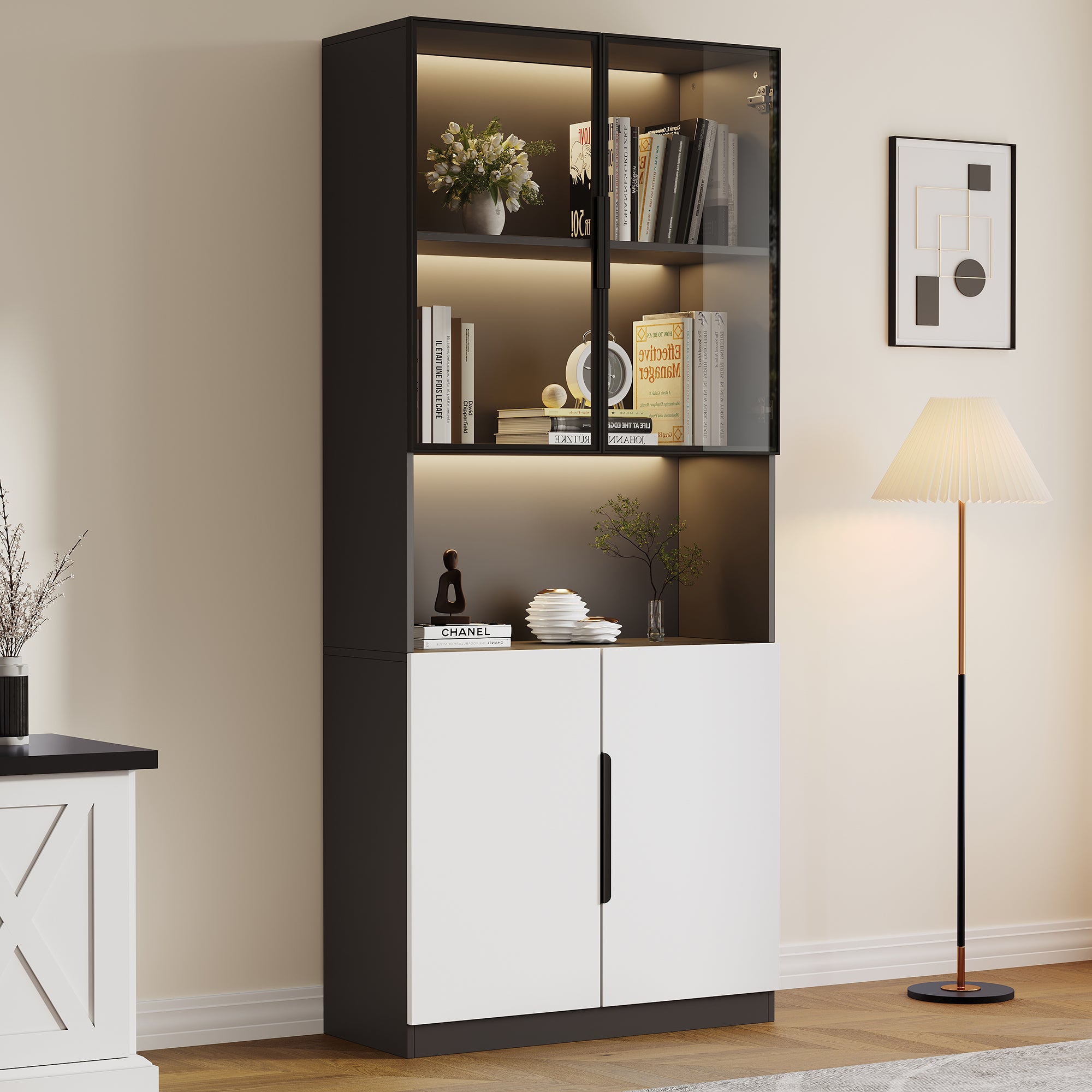 Display Cabinet, Minimalist LED Glass Doors, White with Black Decoration