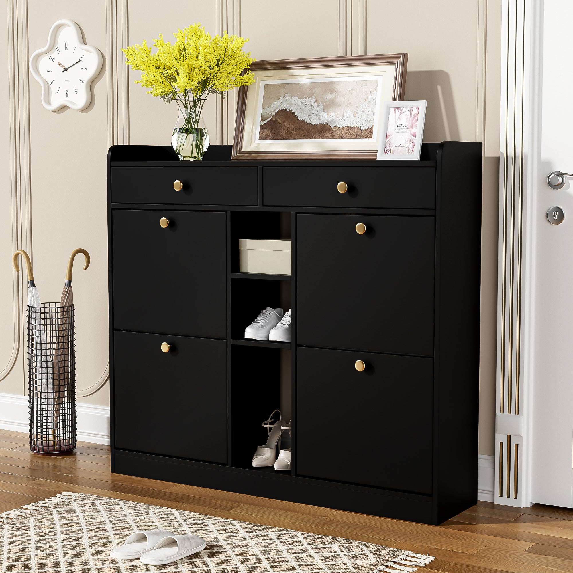 Shoe Cabinet, 4-Door, 2-Drawer, 3-Compartment, Black