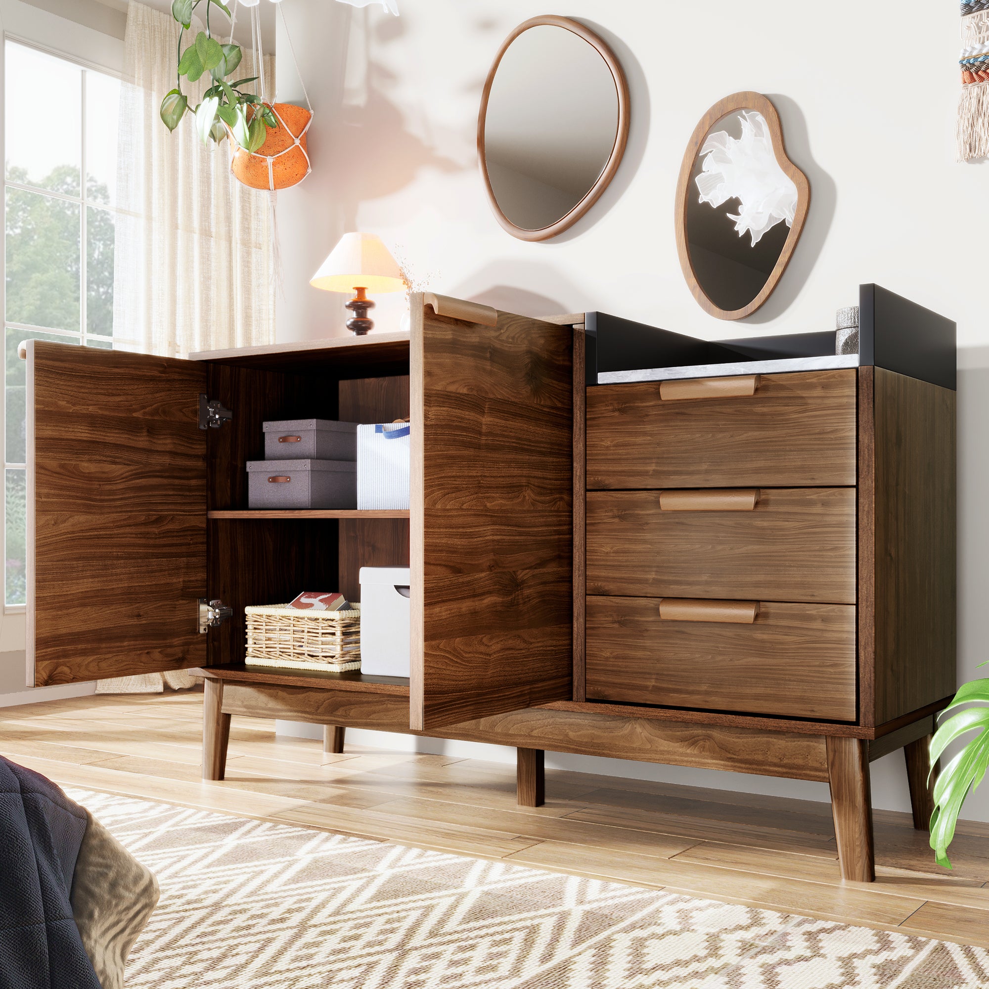 Chest of Drawers, Open Shelf, 3 Drawers & Double-Door Cabinet, Oak with Marble-Effect