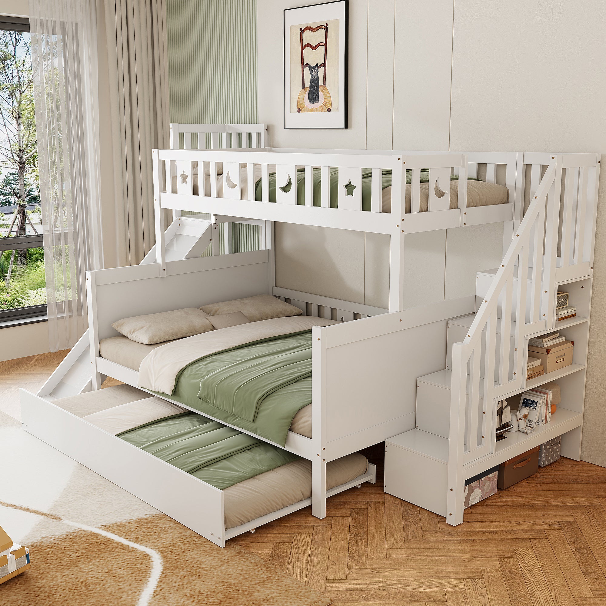 Children's Bed, Bunk with Slide, Shelf, Trundle & Slatted Frame, Solid Wood, White