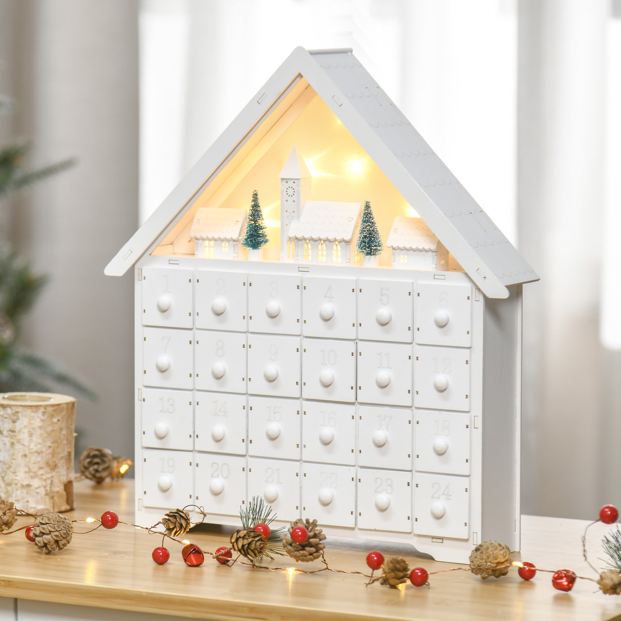 Advent Calendar, 24 Drawers with LED Lights, White