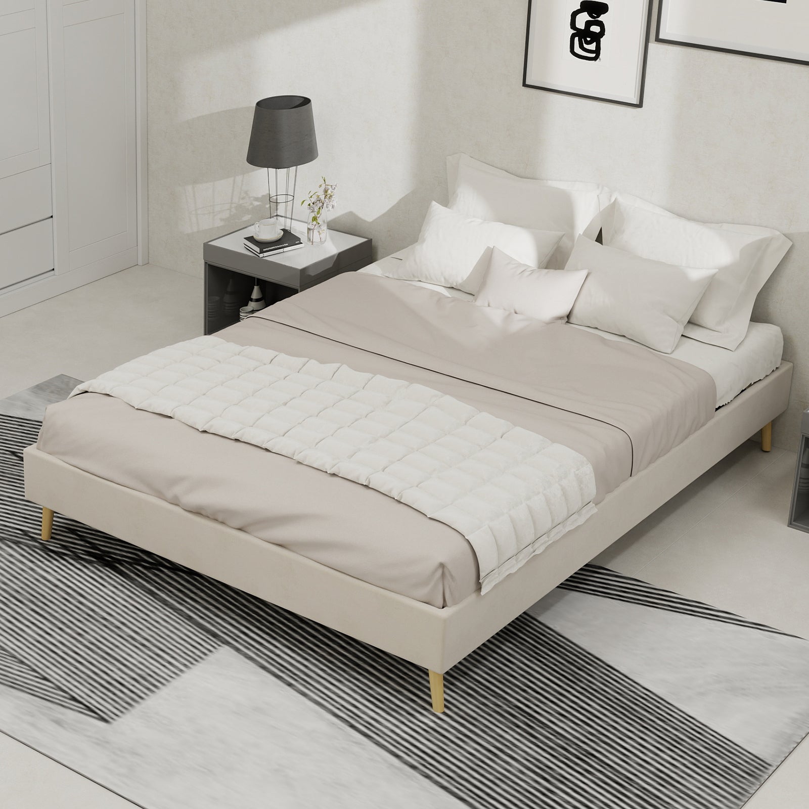 Modern Minimalist Bed Frame, 140x200 Low-Profile Base, Beige Dutch Velvet Fabric