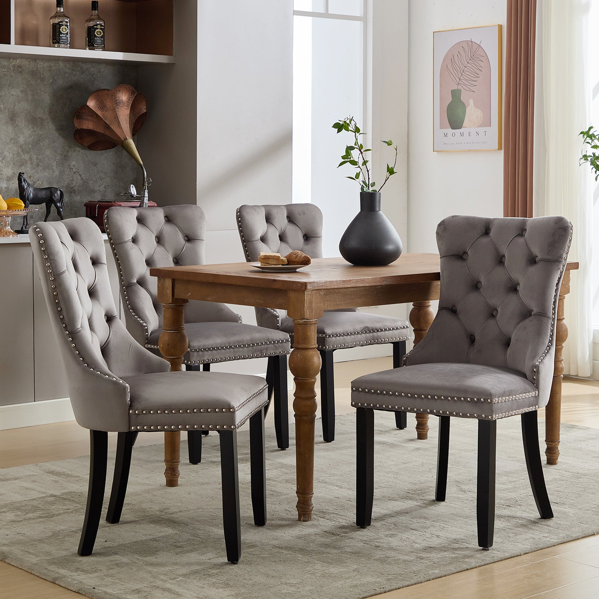 Modern Set of 4 Upholstered Dining Chairs with Button Tufted Velvet, Solid Wood Legs, Riveted Trim, and Knocker Ring, Grey