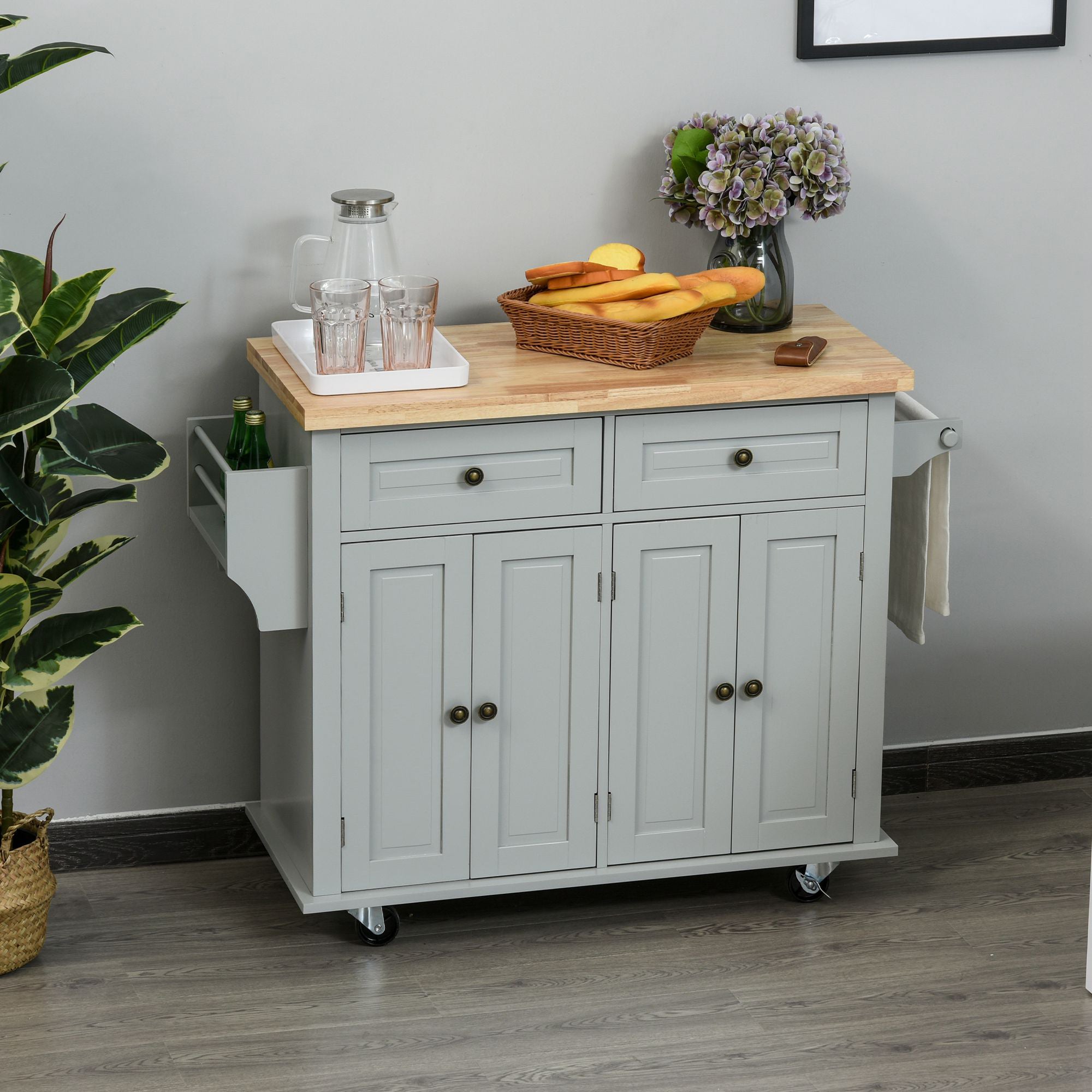 Rolling Kitchen Island Storage Trolley with Drawers, Rubber Wood Top, Grey